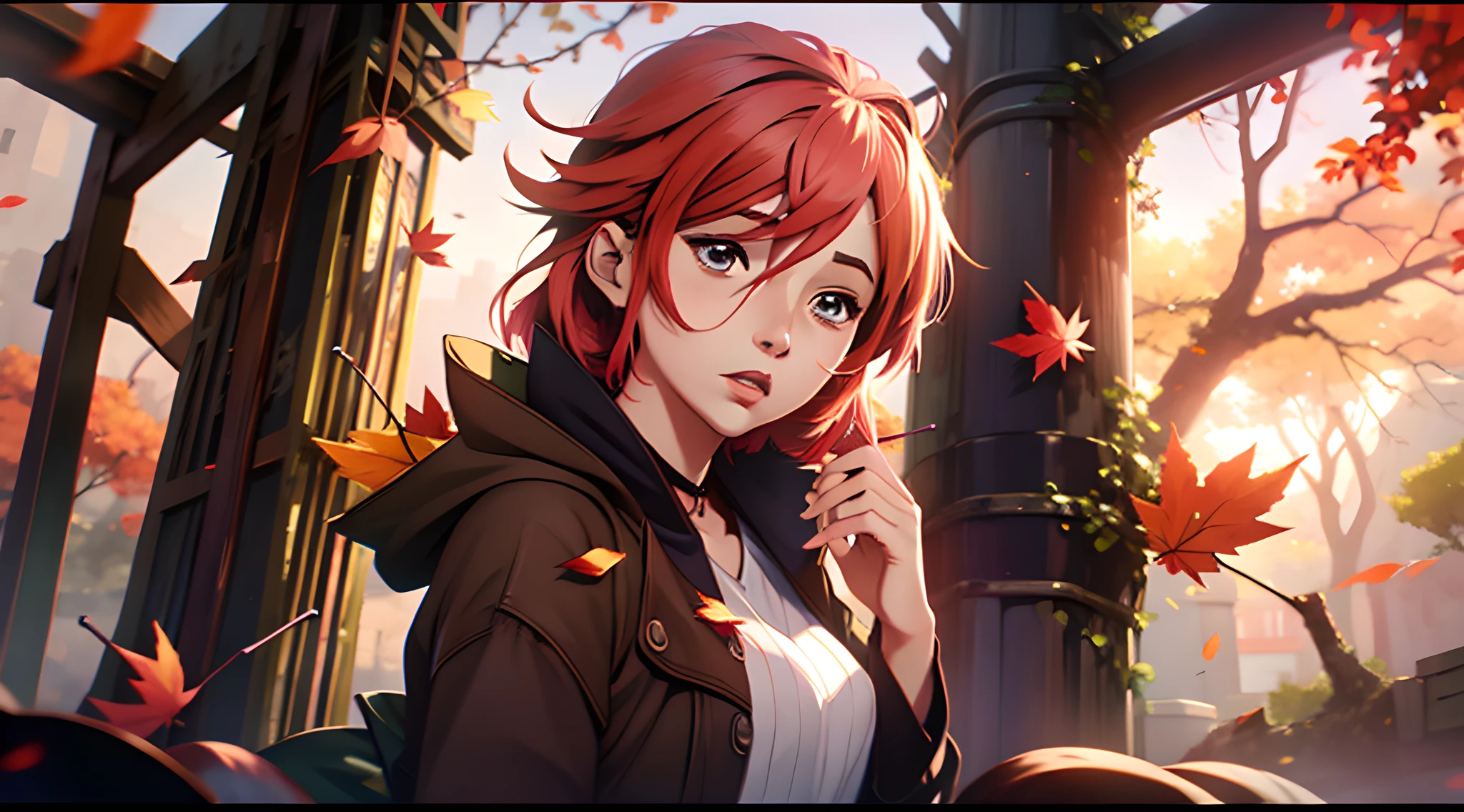 Anime banner for Discord in gentle colors. Falling leaves and a beautiful anime girl.