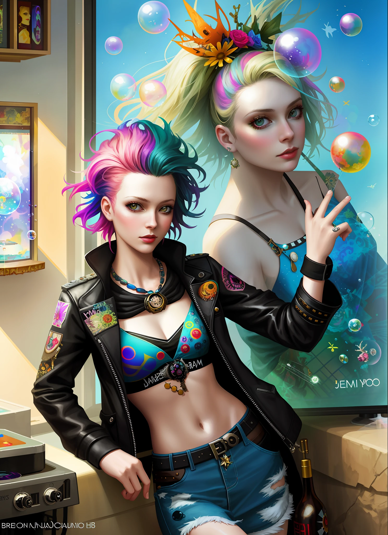 samdoesarts style drunken beautiful woman as delirium from sandman, (hallucinating colorful soap bubbles), by jeremy mann, by sandra chevrier, by dave mckean and richard avedon and maciej kuciara, punk rock, tank girl, high detailed, 8k