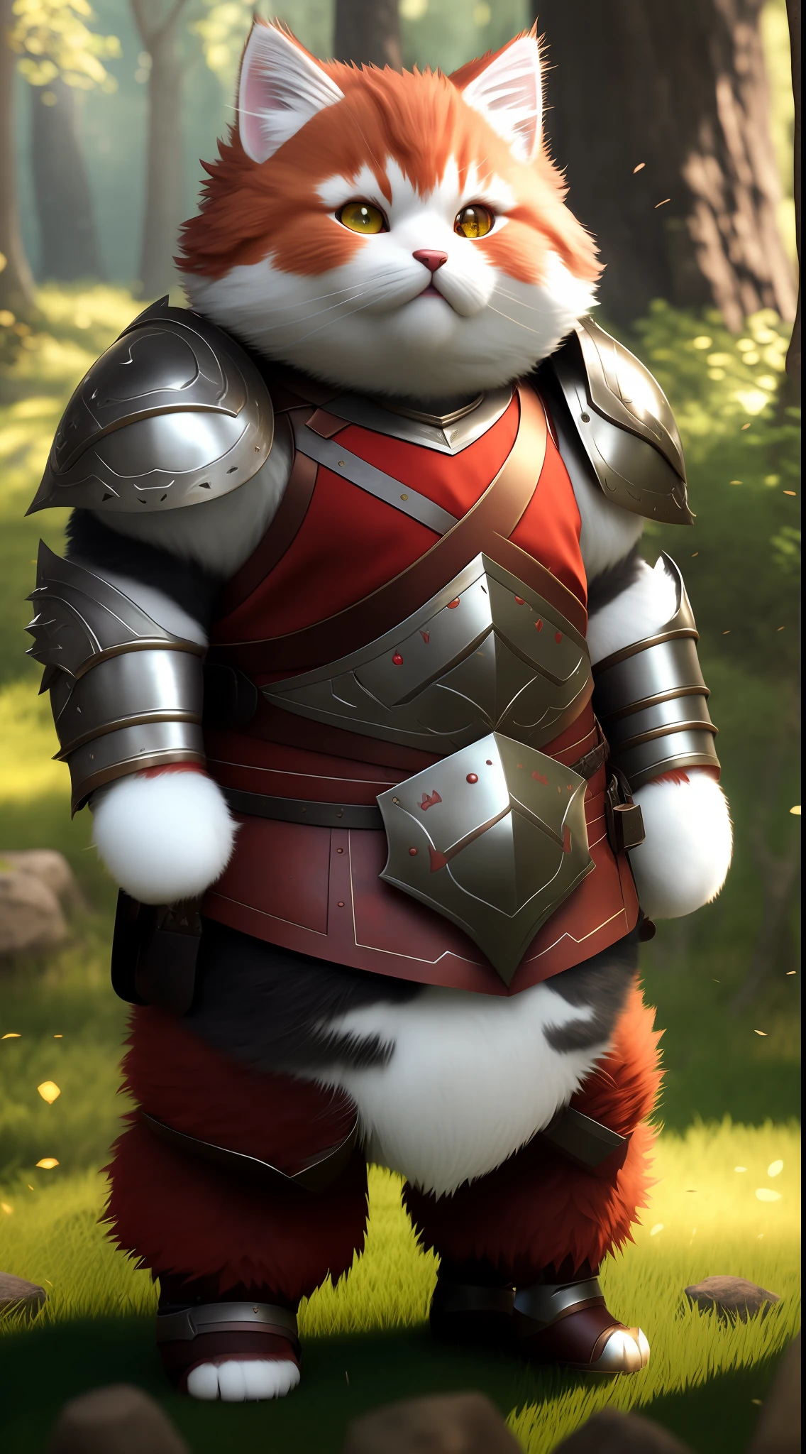 Super cute fluffy cat warrior in armor, realistic, 4K, super detailed, vray rendering, unreal engine, midjourneyart style, red hair, chubby, dynamic pose, forest background, chubby, short