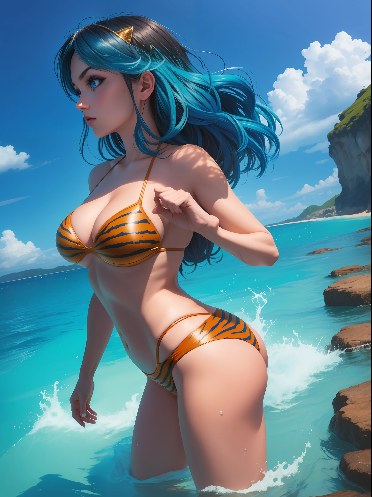 Lum, 8k, realistic, (big blue eyes:1.3), extremely attractive, very detailed, a 20 year old girl in swimsuit, superhero theme, 20 years old, full body, ray traced image of Arthur Pan, trending on Artstation, Digital art, psylocke, red and cinematic lights, dramatic shadows and beautiful vibrant colors, The color captures the scene, Romantic Art Style, Intricately detailed woman, leather bikini, tiger striped bikini, view from the side, dynamic pose, standing in the water, full body, deep cleavage, ((slender body)), beach scenery
