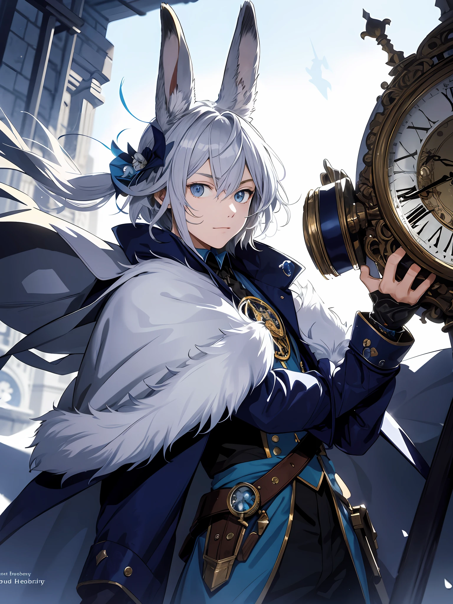illustration style, cute boy, silver-haired blue-eyed rabbit ears, fur, cloak, fantasy long pants, solo rabbit, rabbit ears, rabbit clock, clepsydra, clockwork