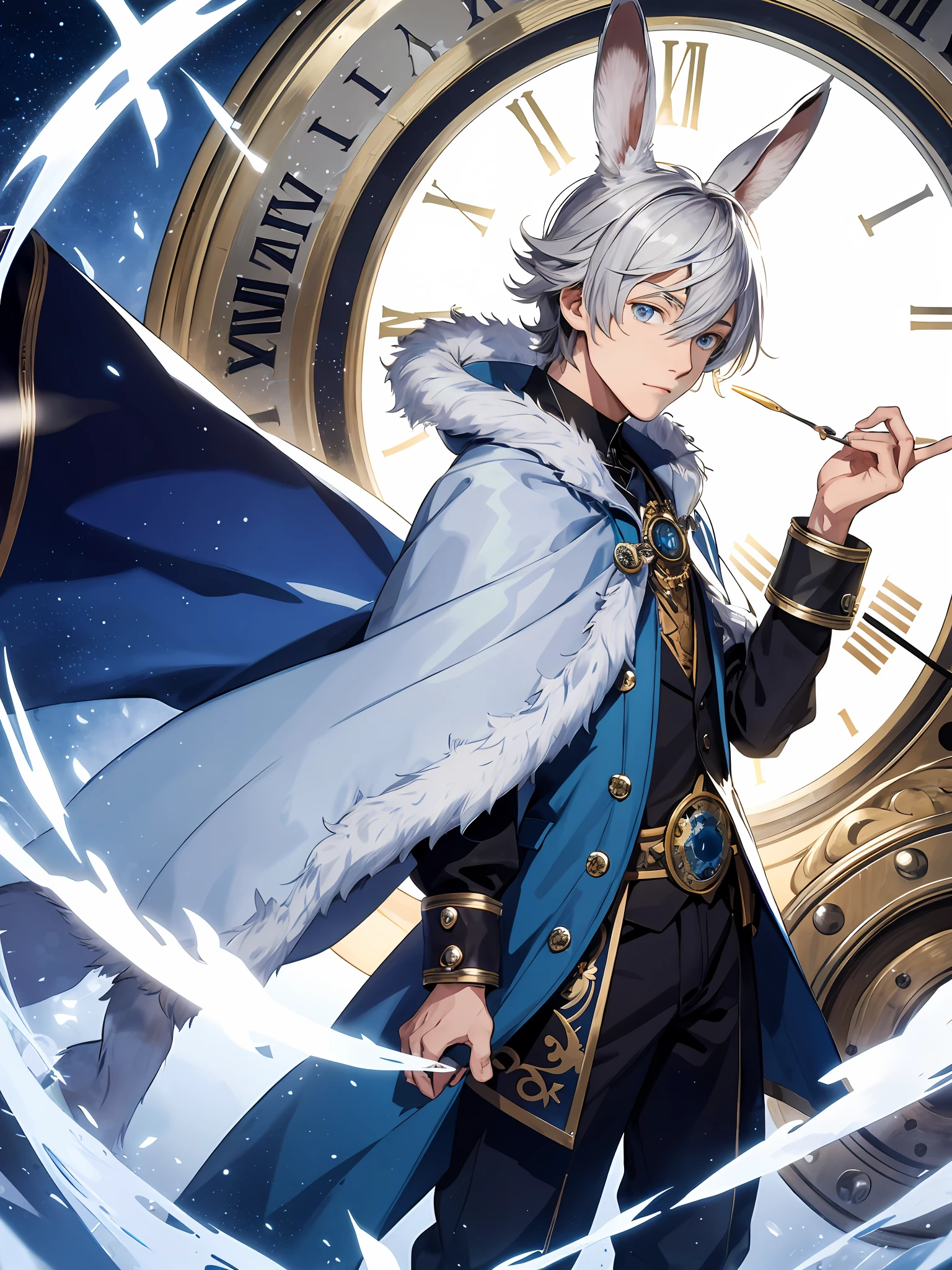 illustration style, cute boy, silver-haired blue-eyed rabbit ears, fur, cloak, fantasy long pants, solo rabbit, rabbit ears, rabbit clock, clepsydra, clockwork