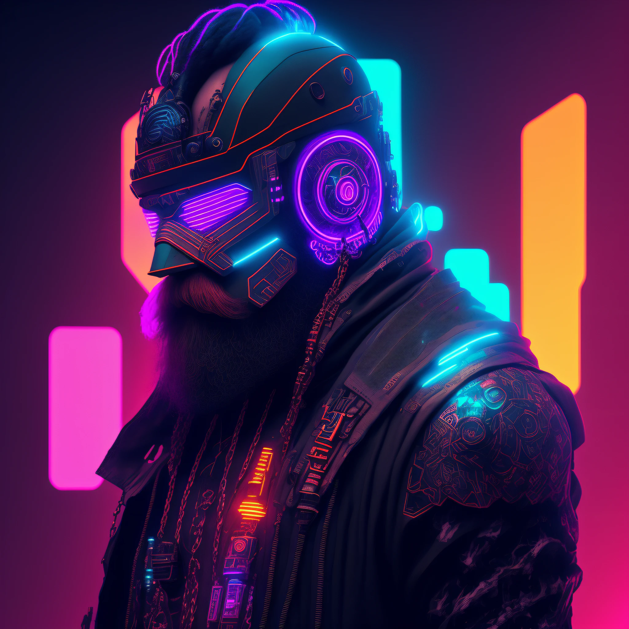 Character, man, neck tattoos, big beard, mask, detailed cyberpunk style, futuristic (neon: 1.1) reflective wear, science fiction. artgern, art, illustration, ((dark environment)), ((vegnette)), ((HDR)) ((minimal palette colors)), soft tones, soft colors, faint colors, calm, highly detailed pastel colors, intricate details