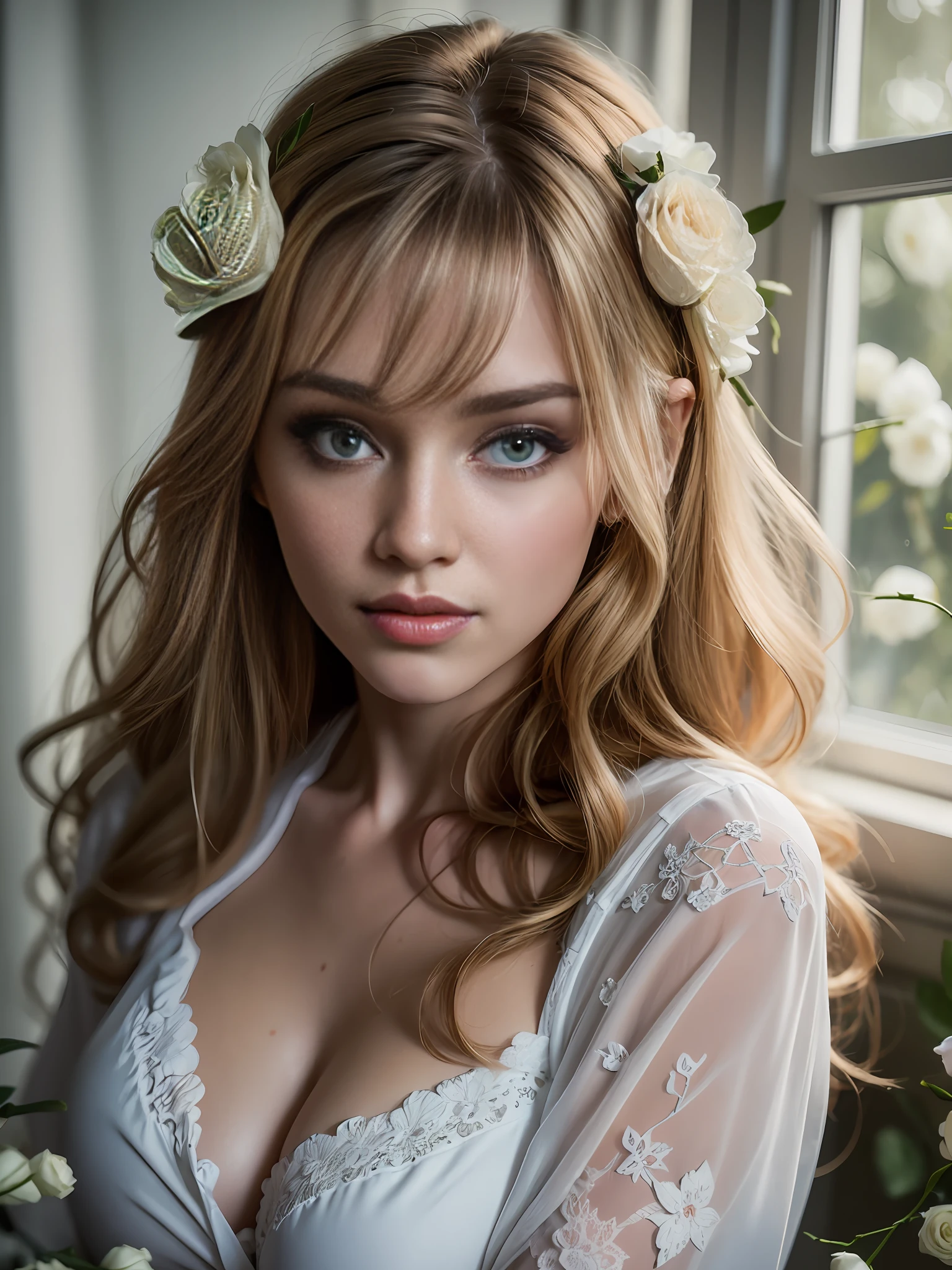A russian gril surrounded by white roses, and the sunlight is streaming through the window, creating a warm and inviting atmosphere. She is wering her wet pajama, realistic, best quality, photo-realistic 8k, (best quality:1.1), masterpiece, (realistic:1.1), photo-realistic