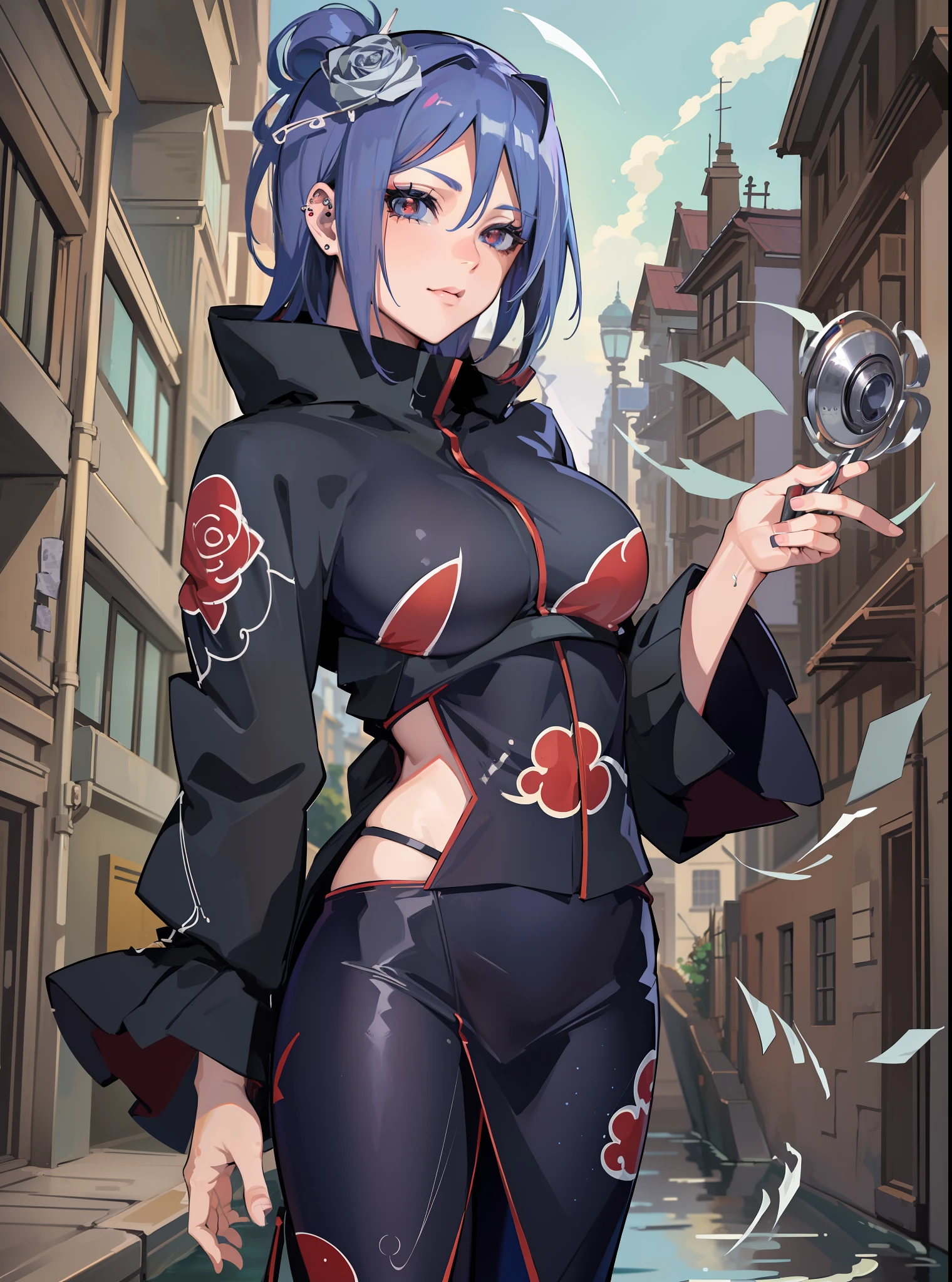 absurdres, (best quality), (masterpiece), (ultra-detailed: 1.2), (photorealistic: 1.1), (highres), 1girl, konan \(naruto\), (akatsuki outfit:1.1), piercing labret, (paper:1.2), ripples, twirling,