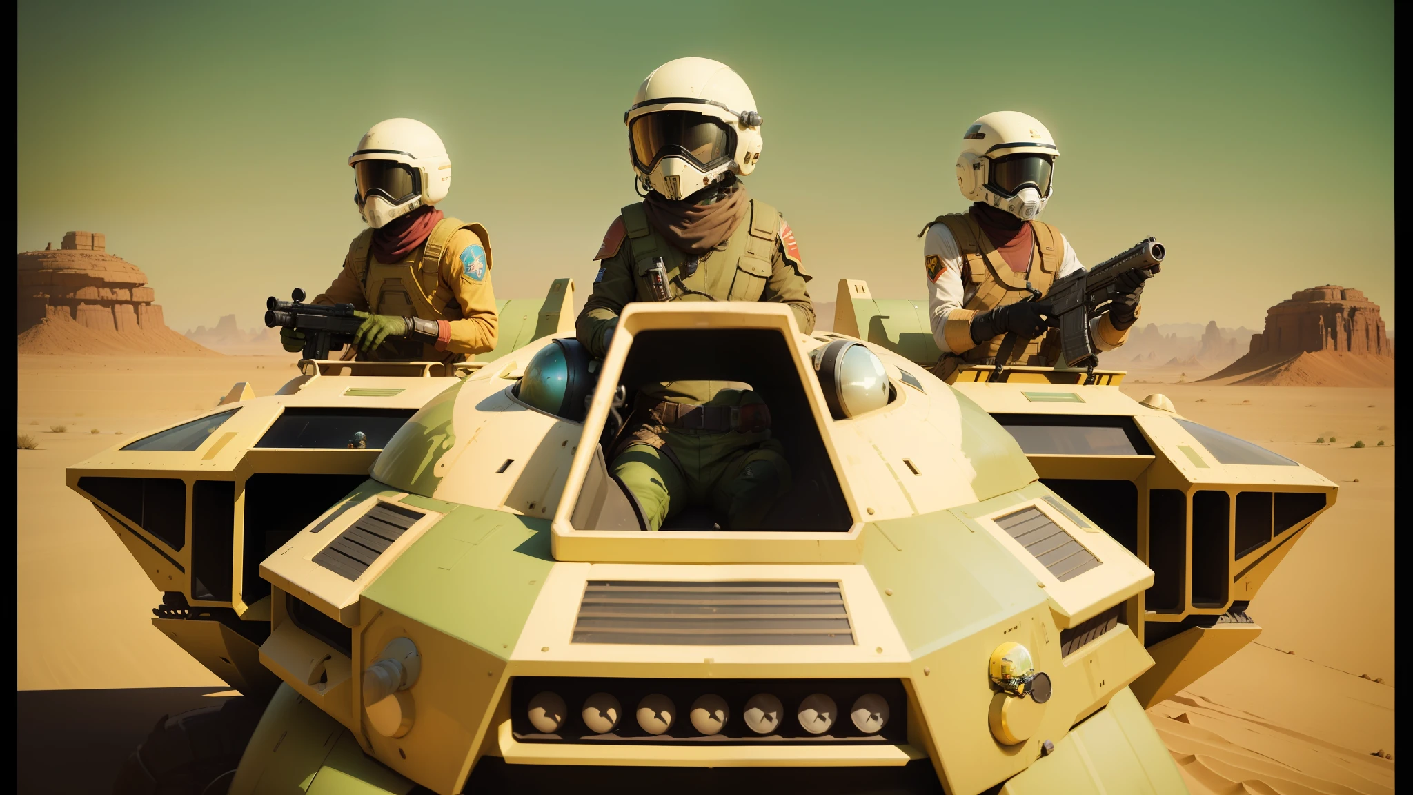 there are three people in helmets riding on a vehicle in the desert, kilian eng and jake parker, trending on artstarion, battlestar galactica, 1 9 8 0's heavy metal album art, by Julian Allen, speeder, karel thole, inspired by Mustafa Rakim, green slime, rosen zulu --ar 16:9 --auto --s2