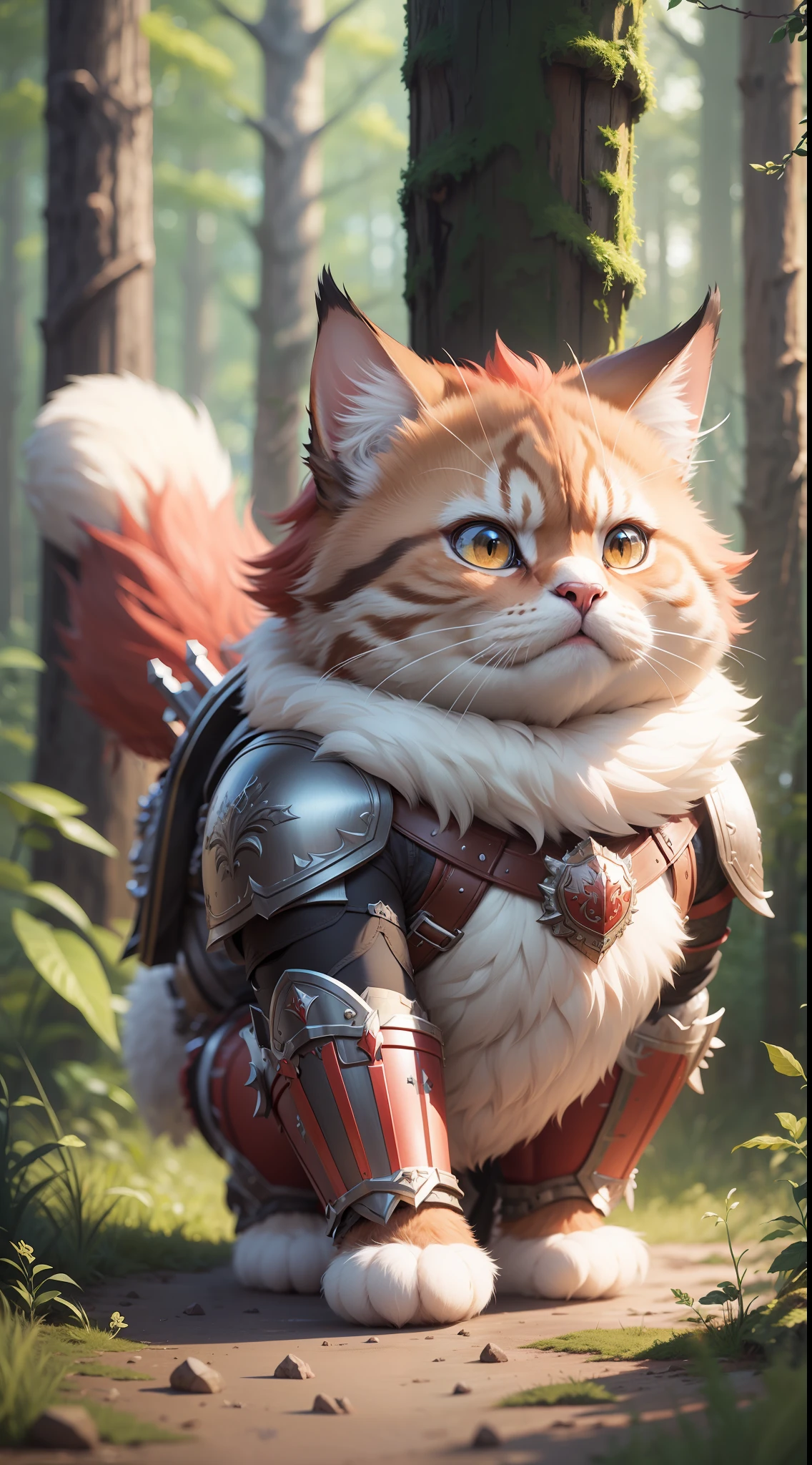 Super cute fluffy cat warrior in armor, realistic, 4K, super detailed, vray rendering, unreal engine, midjourneyart style, red hair, chubby, dynamic pose, forest background, chubby, short