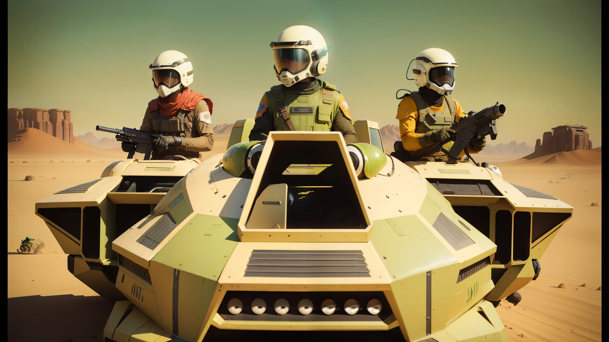 there are three people in helmets riding on a vehicle in the desert, kilian eng and jake parker, trending on artstarion, battlestar galactica, 1 9 8 0's heavy metal album art, by Julian Allen, speeder, karel thole, inspired by Mustafa Rakim, green slime, rosen zulu --ar 16:9 --auto --s2