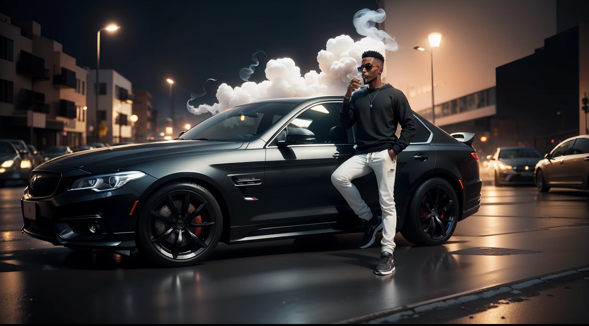 (Masterpiece, best quality,3d, ultra detailed), scene in high resolution, black man in skinny sweatshirt, smoking cannabis, floating smoke, cold weather, inside a luxury car, woman stalking, blurry night terrain lights, dynamic scene at dynamic angle, HDR photography, super faithful, precise