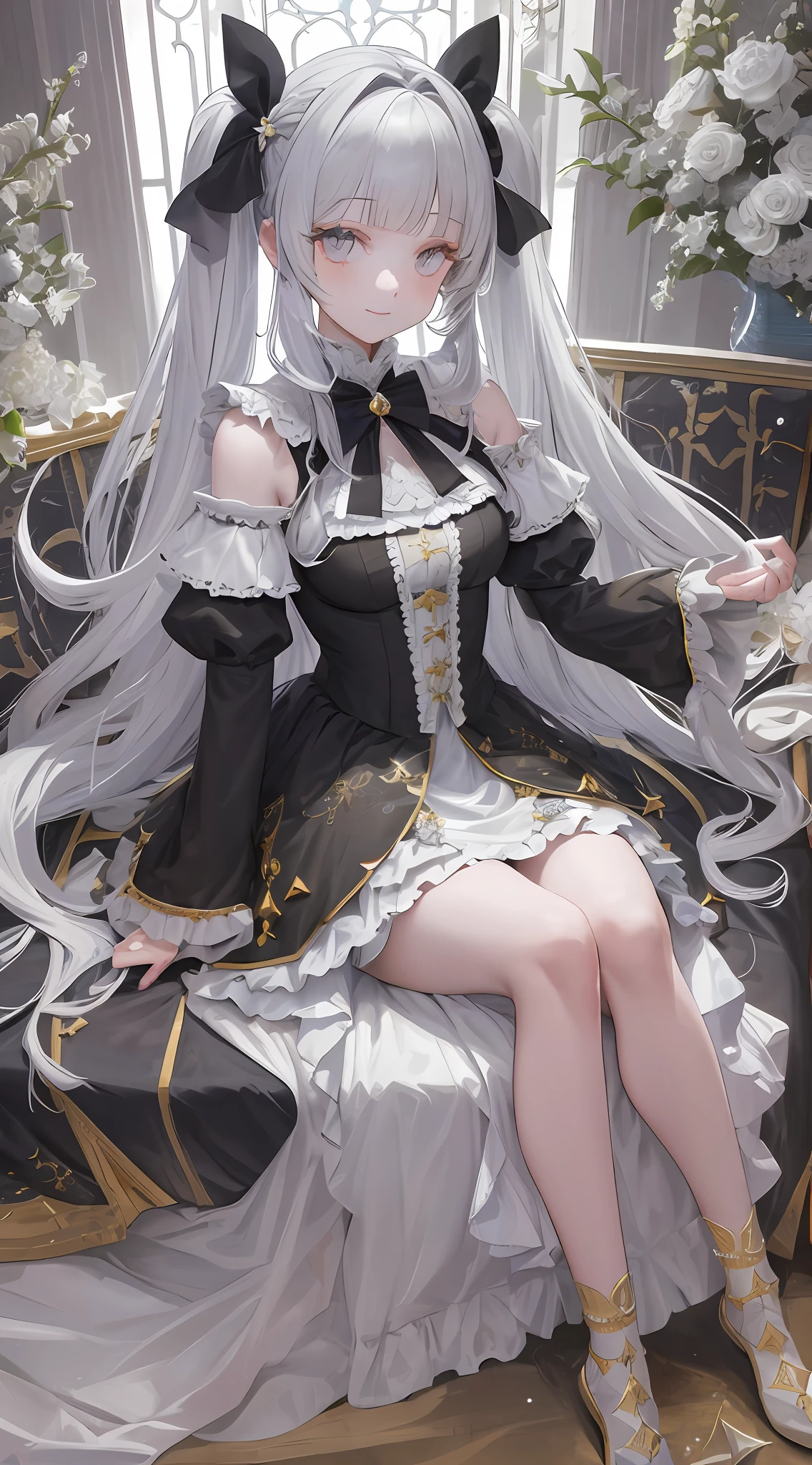 (depicting the eyes in detail), (delicately portraying the eyes), dramatic compositions, court-style dresses, royal, gorgeous, cascading frills, ruffles, bows, crystal chandeliers, Roman curly hairstyles, ponets, double ponytails like drills, look at the camera, Qi bangs, maximalism, palatial background, delicate portrayal of hair and eyes, princess dress, gorgeous skirt, holding flowers, smile, starry eyes, cinematic light, extreme detail, high definition, happy girl, very long hair, Diamonds, pearls, broken diamonds, crystal fragments, light particles