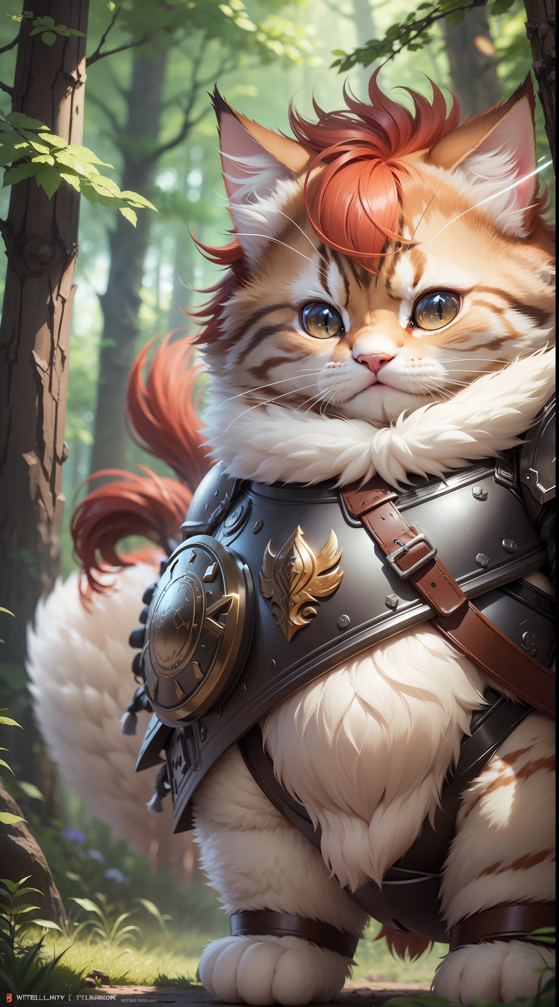 Super cute fluffy cat warrior in armor, realistic, 4K, super detailed, vray rendering, unreal engine, midjourneyart style, red hair, chubby, dynamic pose, forest background, chubby, short