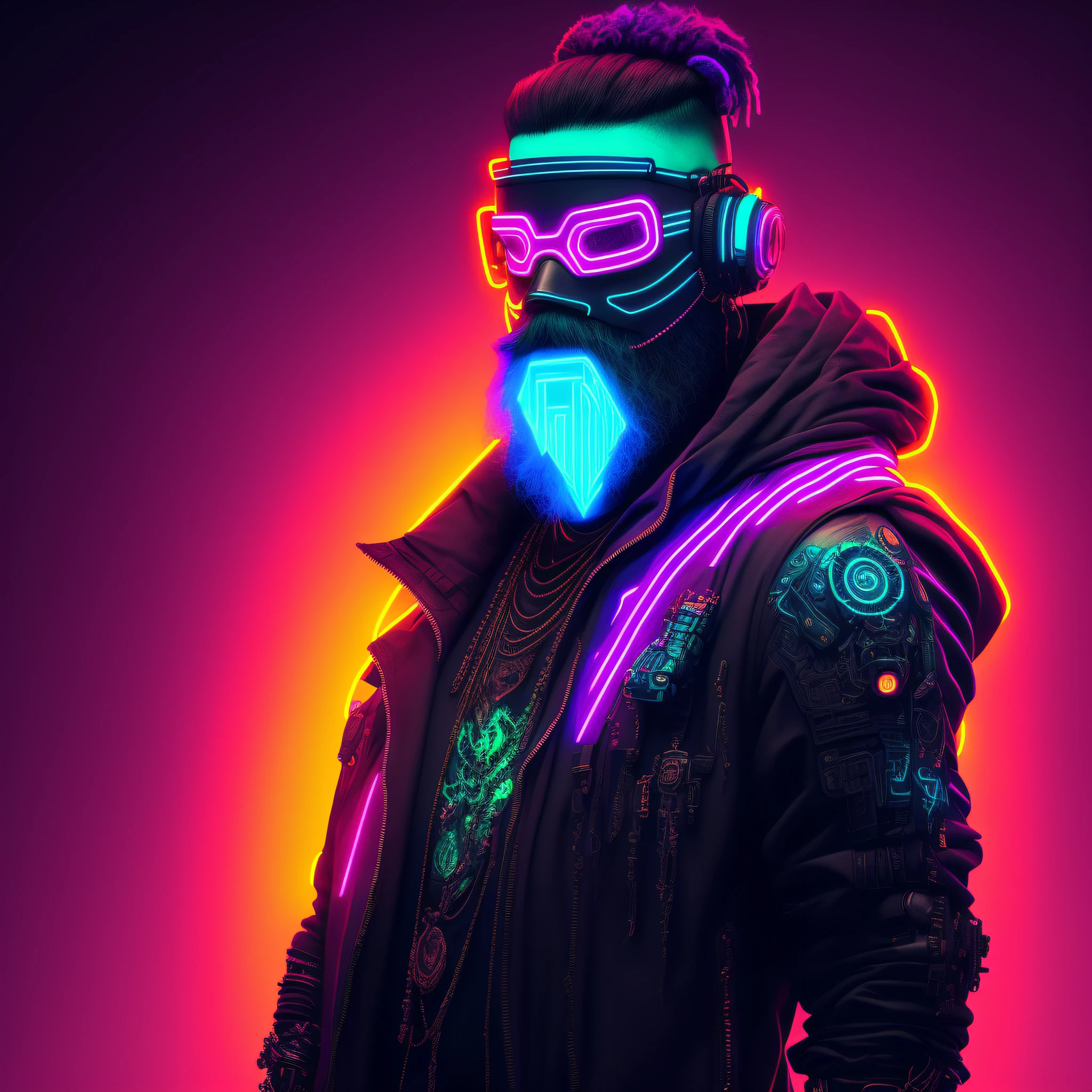 Character, man, neck tattoos, big beard, mask, detailed cyberpunk style, futuristic (neon: 1.1) reflective wear, science fiction. artgern, art, illustration, ((dark environment)), ((vegnette)), ((HDR)) ((minimal palette colors)), soft tones, soft colors, faint colors, calm, highly detailed pastel colors, intricate details