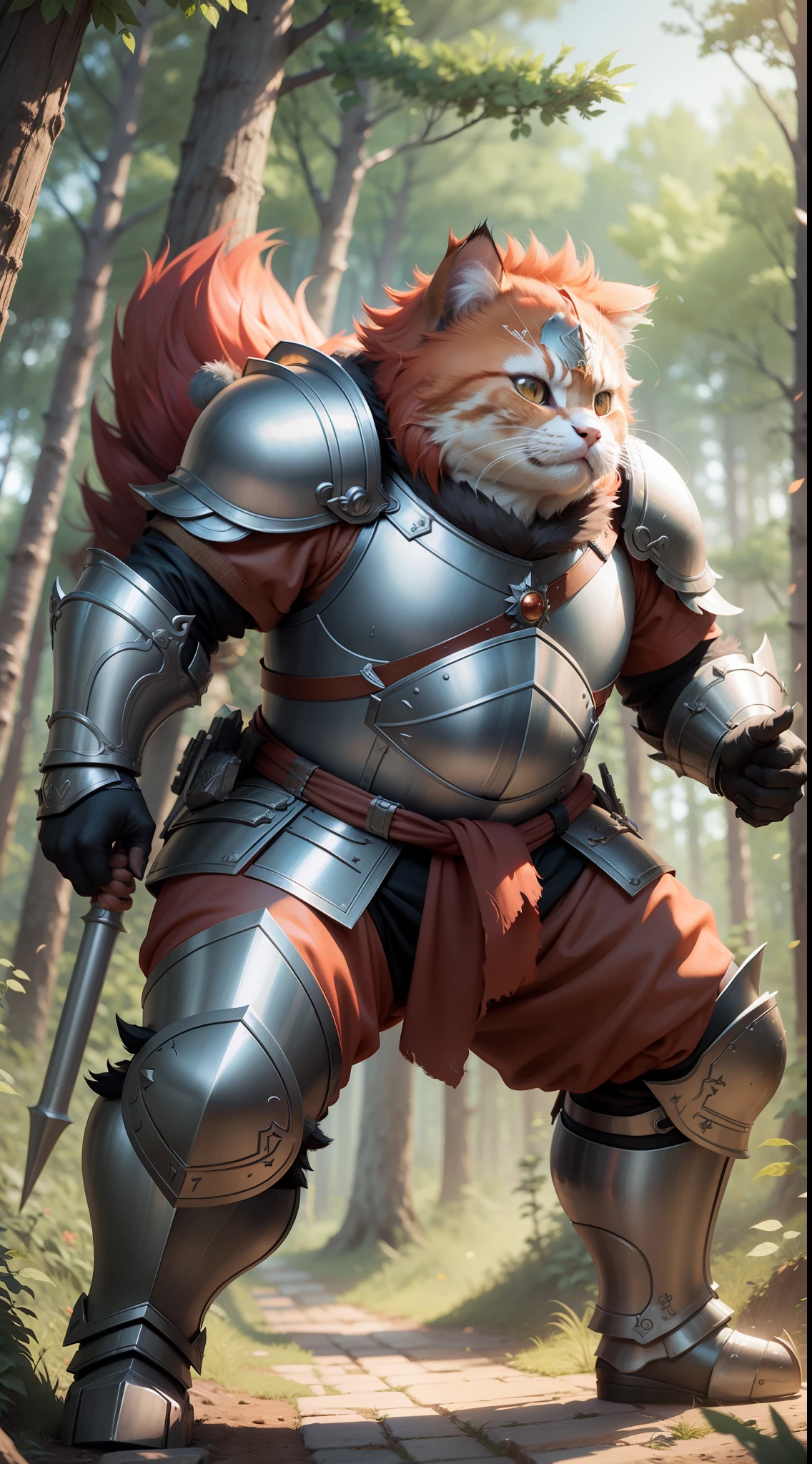 A close up of a cat in armor standing in a forest - SeaArt AI