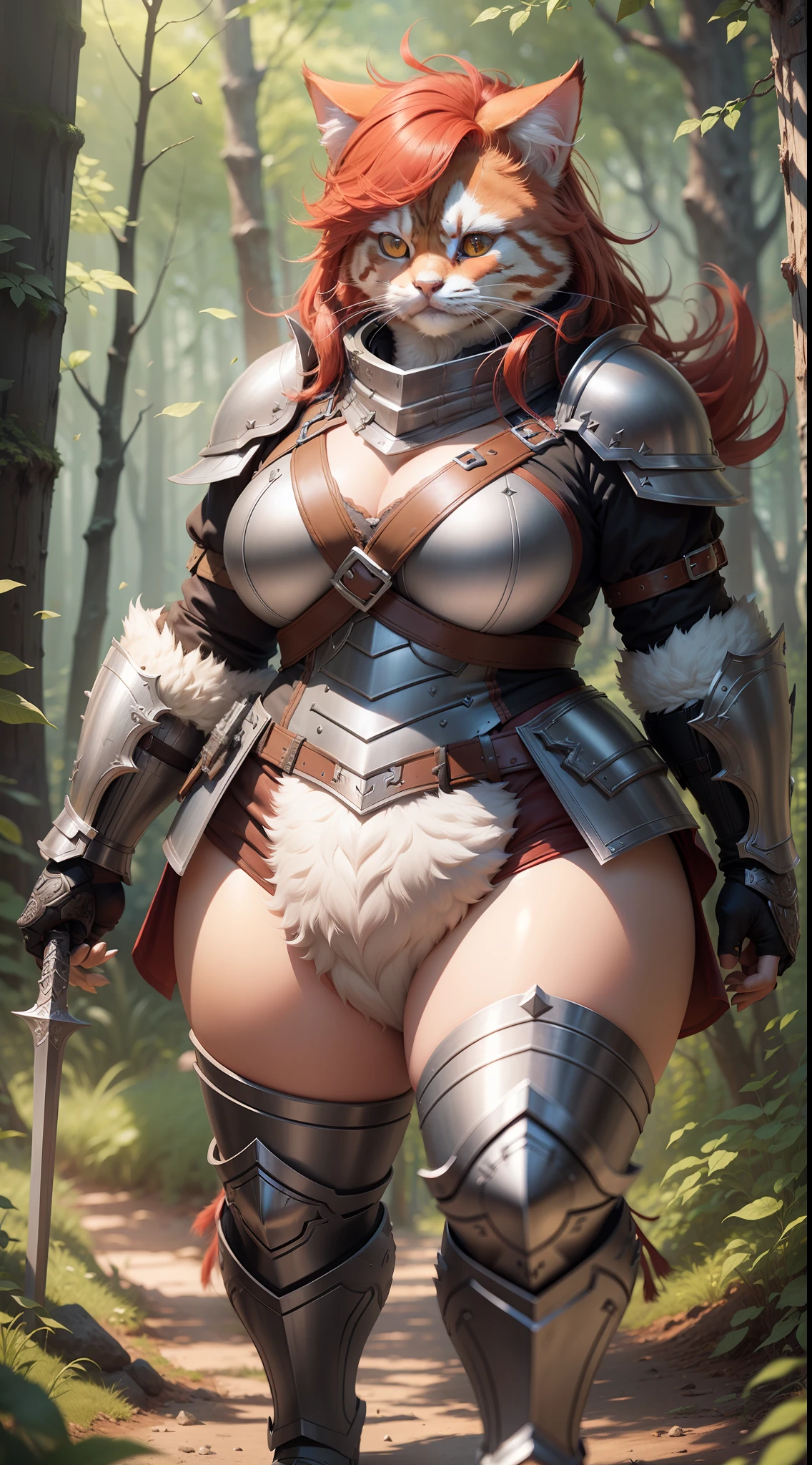Super cute fluffy cat warrior in armor, realistic, 4K, super detailed, vray rendering, unreal engine, midjourneyart style, red hair, chubby, dynamic pose, forest background, chubby, short
