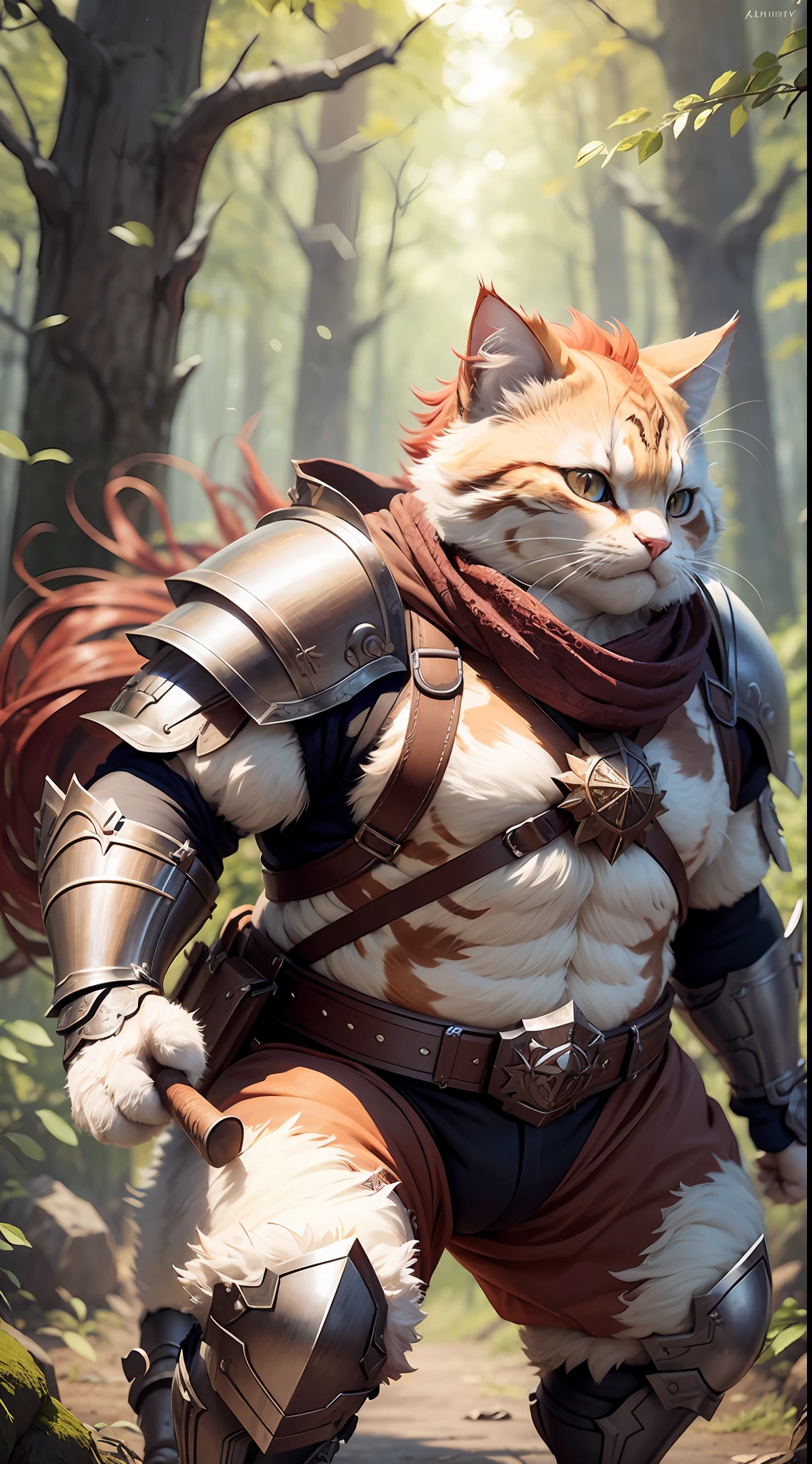 Super cute fluffy cat warrior in armor, realistic, 4K, super detailed, vray rendering, unreal engine, midjourneyart style, red hair, chubby, dynamic pose, forest background, chubby, short