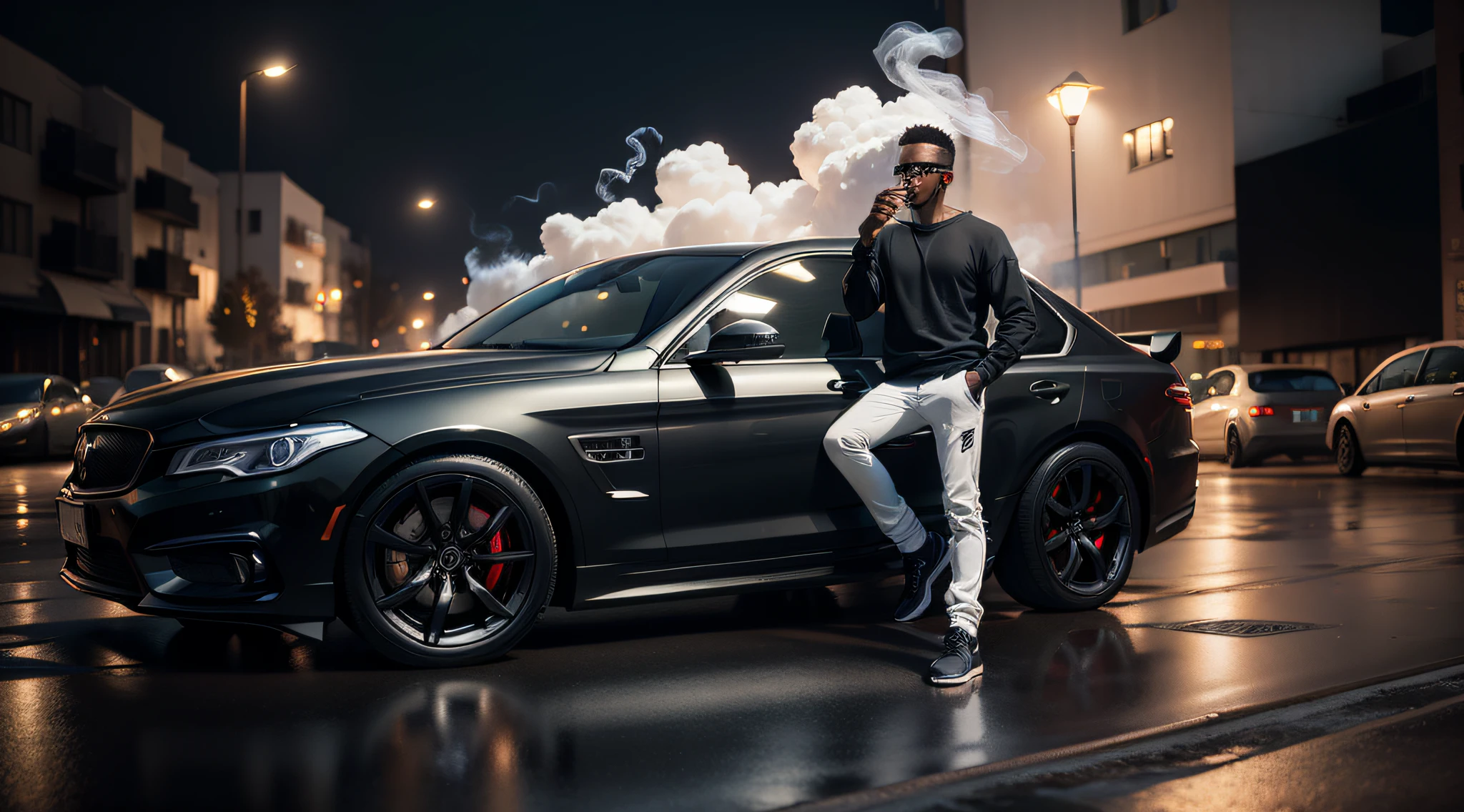 (Masterpiece, best quality,3d, ultra detailed), scene in high resolution, black man in skinny sweatshirt, smoking ????????, floating smoke, cold weather, inside a luxury car, woman stalking, blurry night terrain lights, dynamic scene at dynamic angle, HDR photography, super faithful, precise