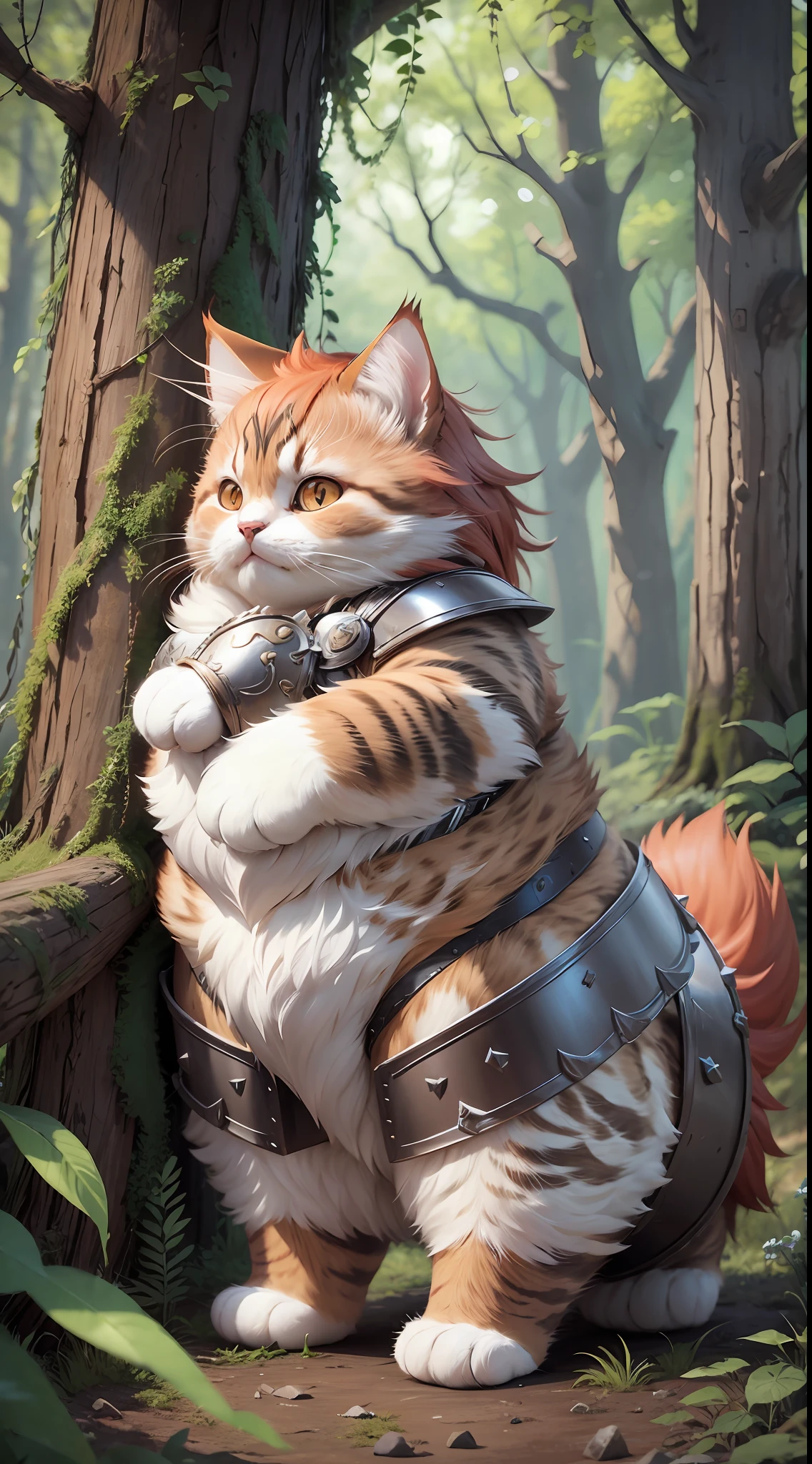 Super cute fluffy cat warrior in armor, realistic, 4K, super detailed, vray rendering, unreal engine, midjourneyart style, red hair, chubby, dynamic pose, forest background, chubby, short