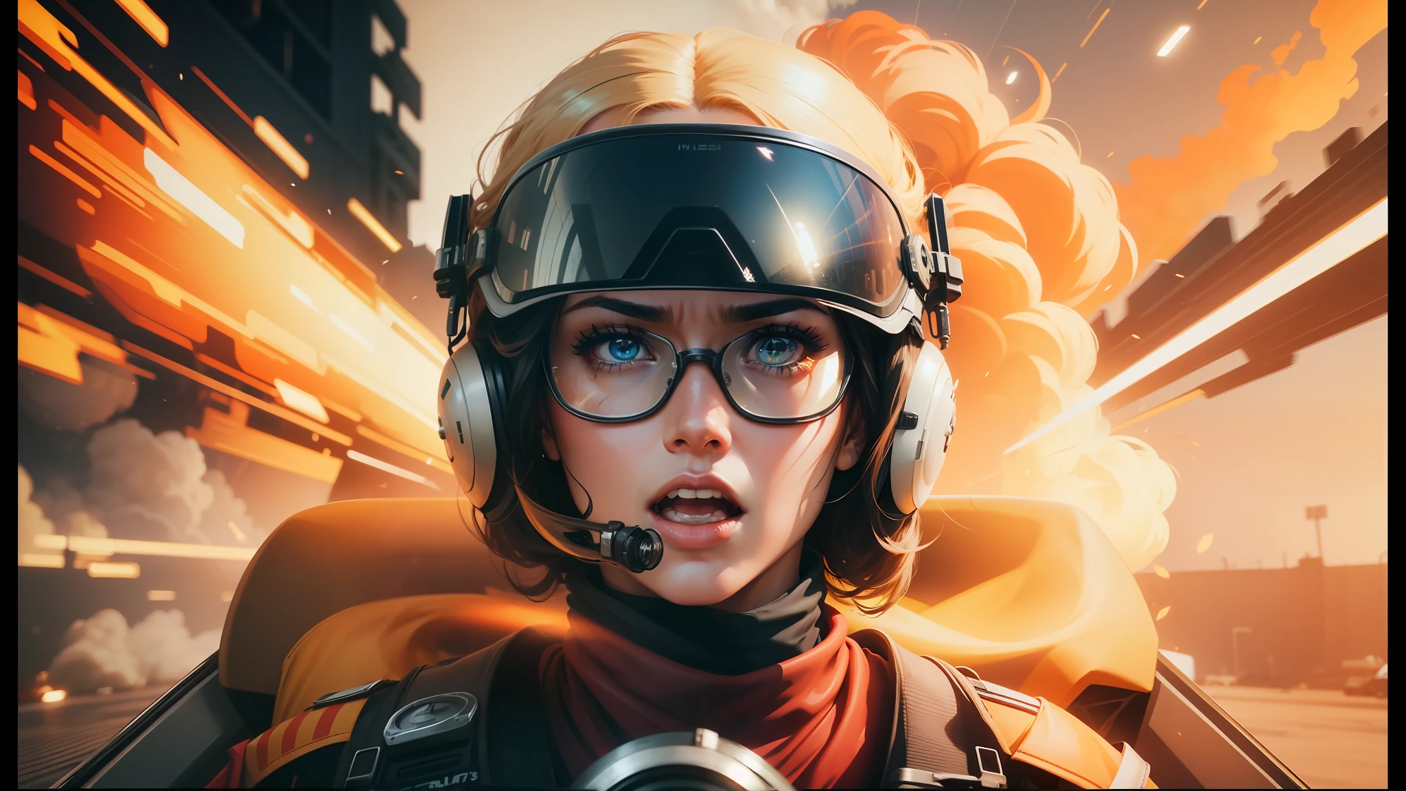there is a woman in a helmet and goggles driving a car, trending in art station, fighter pilot in the cockpit, her hair is on fire, furious gorgeous woman, screenshot from an fps, youtube thumbnail, inspired by James Montgomery Flagg, very realistic face, the artist has used bright --ar 16:9 --auto --s2