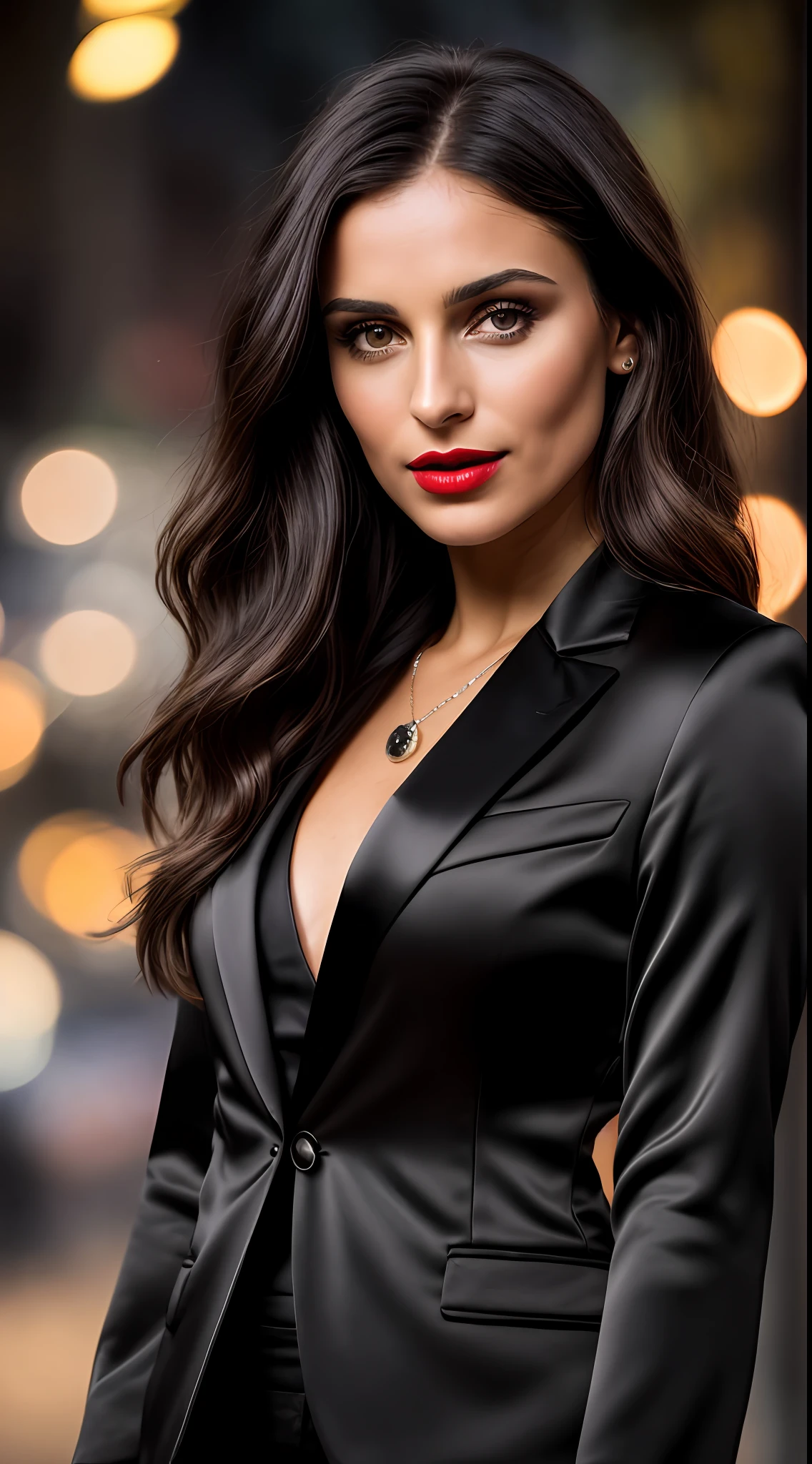 dark and gloomy, 8k, close-up photo of an extremely beautiful 30-year-old brunette Brazilian dark background at night, (realistic dark brown hair straight and with light waves), makeup, red lips, brown eyes, (wearing elegant satin black blazer and black blouse inside with V neckline), looking confidently, hyper realistic, {extremely beautiful olive skin},  (highly detailed skin: 1.2) {{{masterpiece}}}, realistic texture, dynamic composition, Fujifilm XT2, 85mm F1.2, shutter speed 1/80, (bokeh), high contrast