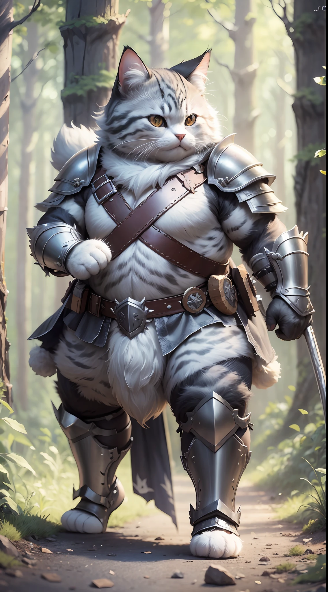 Super cute fluffy cat warrior in armor, realistic, 4K, super detailed, vray rendering, unreal engine, midjourneyart style, gray coat, chubby, dynamic pose, forest background, chubby, small, attack, long and fluffy tail