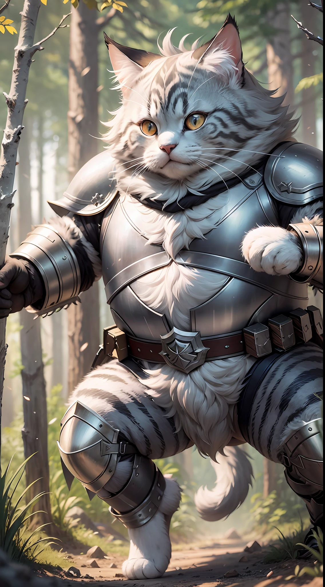 Super cute fluffy cat warrior in armor, realistic, 4K, super detailed, vray rendering, unreal engine, midjourneyart style, gray coat, chubby, dynamic pose, forest background, chubby, small, attack, long and fluffy tail