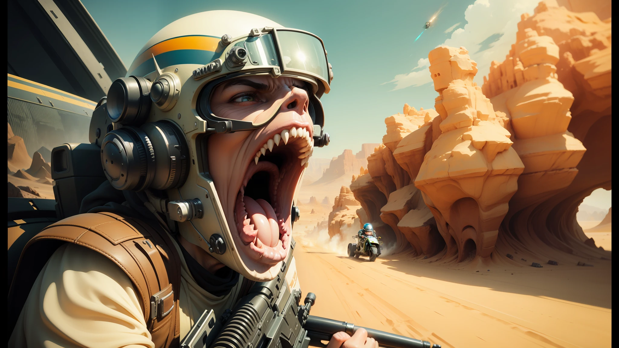 araffe in a helmet with a gun and a helmet on, yelling, darius zawadzki and tom bagshaw, desert alien planet, racing, an award winning digital render, mouth open in a terrifying roar, gumroad, digital art. photo realistic, pod racer, anamorphic widescreen, detailed realistic expressions --ar 16:9 --auto --s2