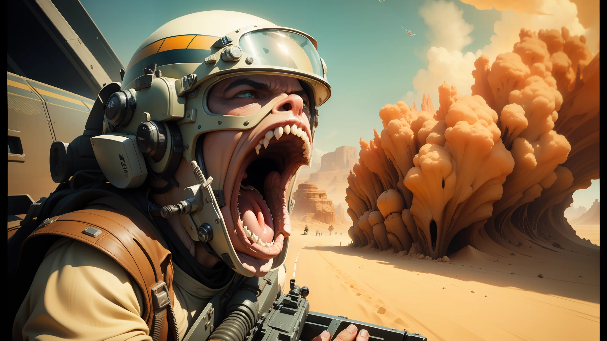 araffe in a helmet with a gun and a helmet on, yelling, darius zawadzki and tom bagshaw, desert alien planet, racing, an award winning digital render, mouth open in a terrifying roar, gumroad, digital art. photo realistic, pod racer, anamorphic widescreen, detailed realistic expressions --ar 16:9 --auto --s2