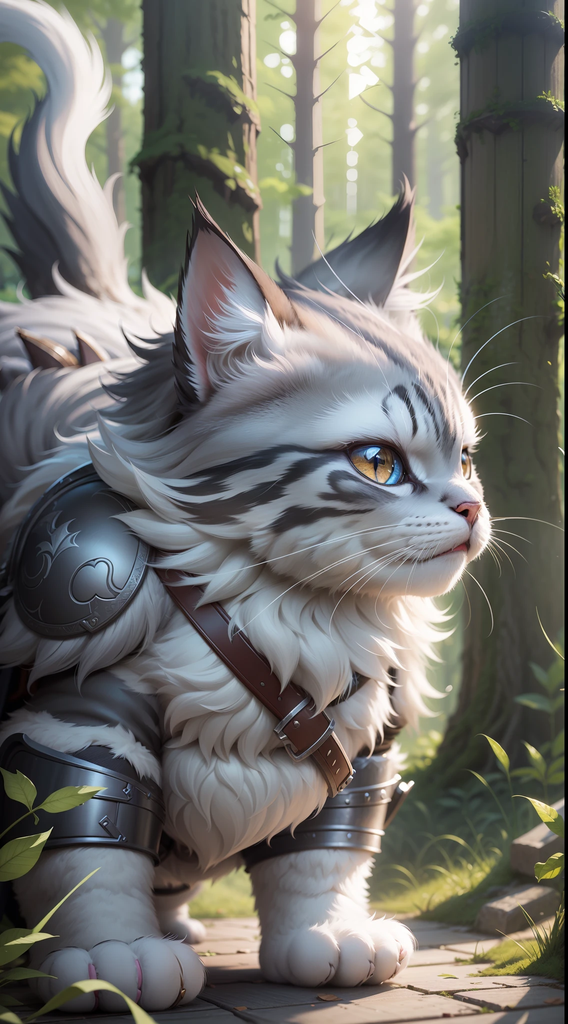 Super cute fluffy cat warrior in armor, realistic, 4K, super detailed, vray rendering, unreal engine, midjourneyart style, gray coat, chubby, dynamic pose, forest background, chubby, small, attack, long and fluffy tail