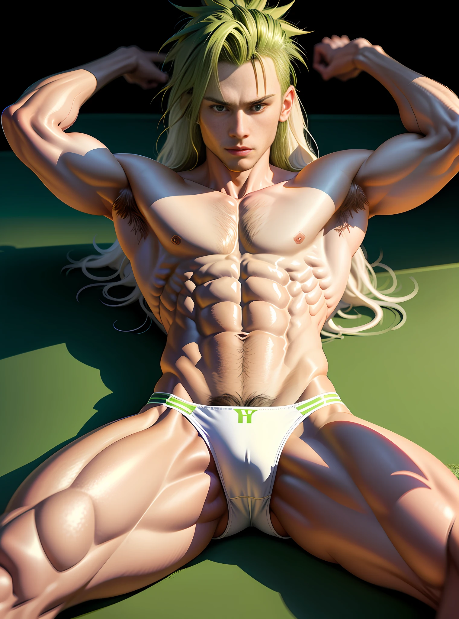 (hyper-realistic digital illustration), hires, best quality, boy wearing micro thong, see-through thong , front view, lying on his back, holding legs raised, athletic body, (white skin skin), bare chest, flat chest,(green  long hair styled in spikes, scruffy ), determined expression, small waist, muscular.