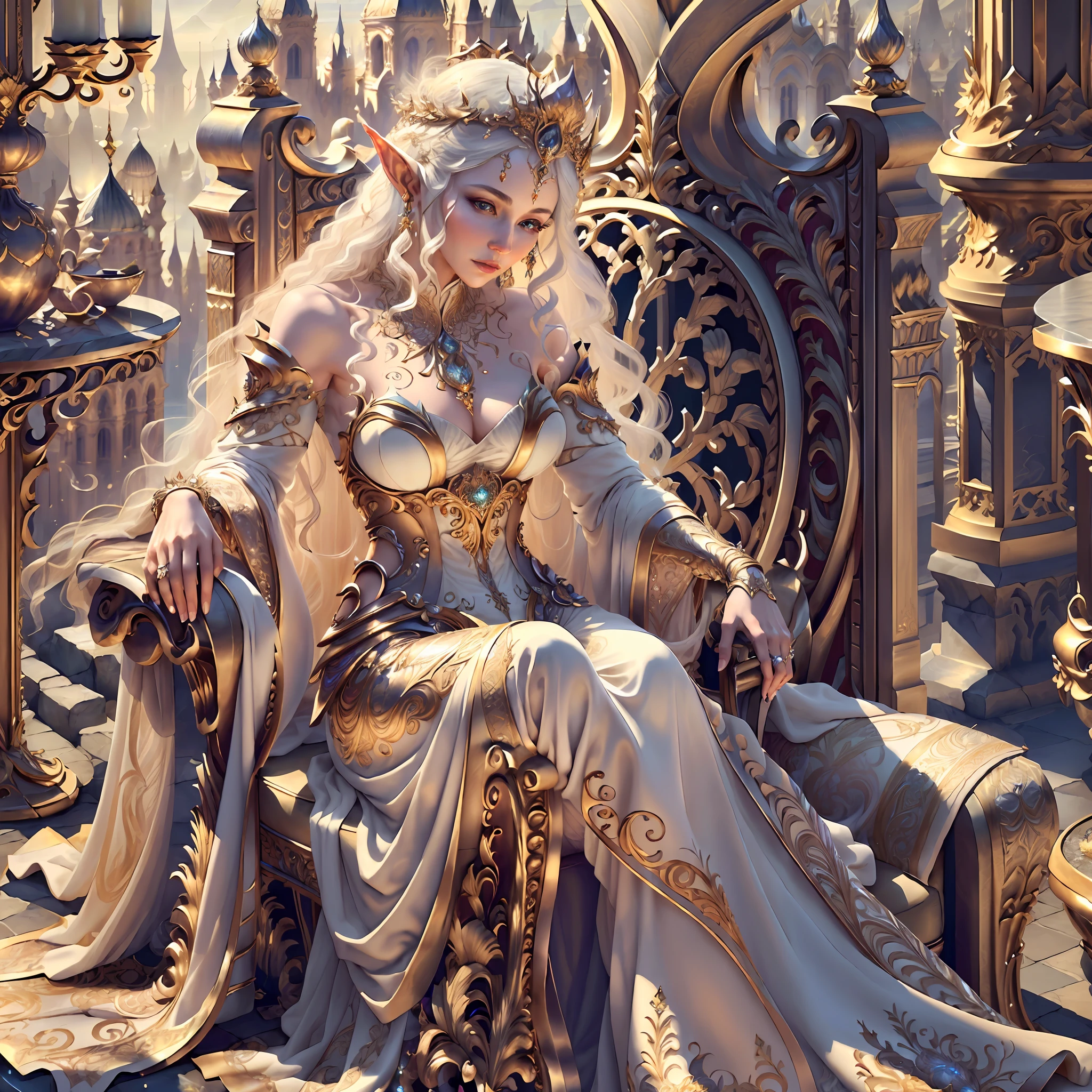 (((masterpiece)), IvoryGoldAI city at night, isometric, 3D rendering, very high definition, high detail, 8k, cinematic lighting, ultra high resolution, best quality, there is a woman sitting on a chair in the city, a beautiful fantasy queen, ((a beautiful fantasy queen)), Karol Bak UHD, beautiful elf with gorgeous robes, detailed fantasy digital art, beautiful fantasy art, detailed fantasy art, Very beautiful fantasy art, goddess. Extremely high detail, fantasy woman, beautiful elegant elf queen, beautiful fantasy art portrait