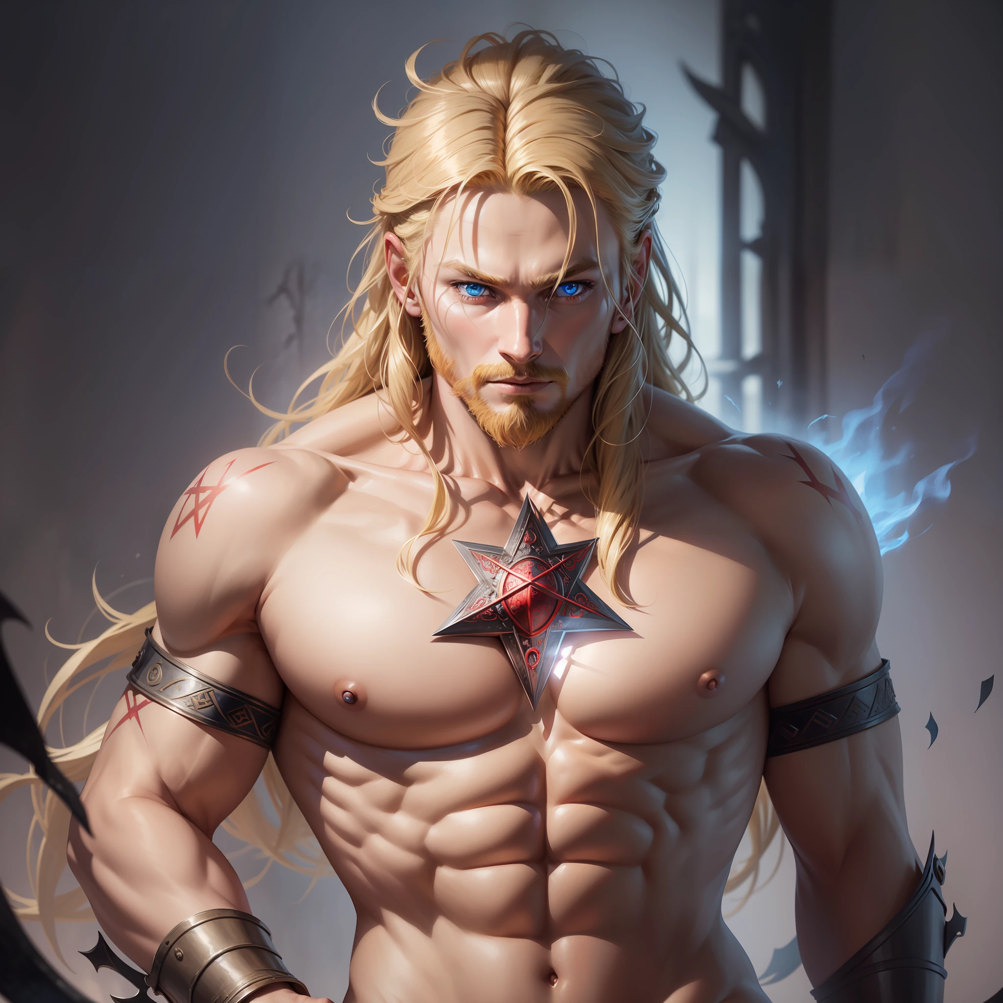 Thin, (Best Illustration), 8k Resolution, Intricate Details, Best Quality, Realistic, Ultra Detailed, Best Lighting, Best Shadows, Ultra HD, A Viking Warrior, Blonde Hair, Blue Eyes, Naked Torso, Pentagram Invetted Red Color on Chest, Mark on Chest, Night, Magic, Dark Style