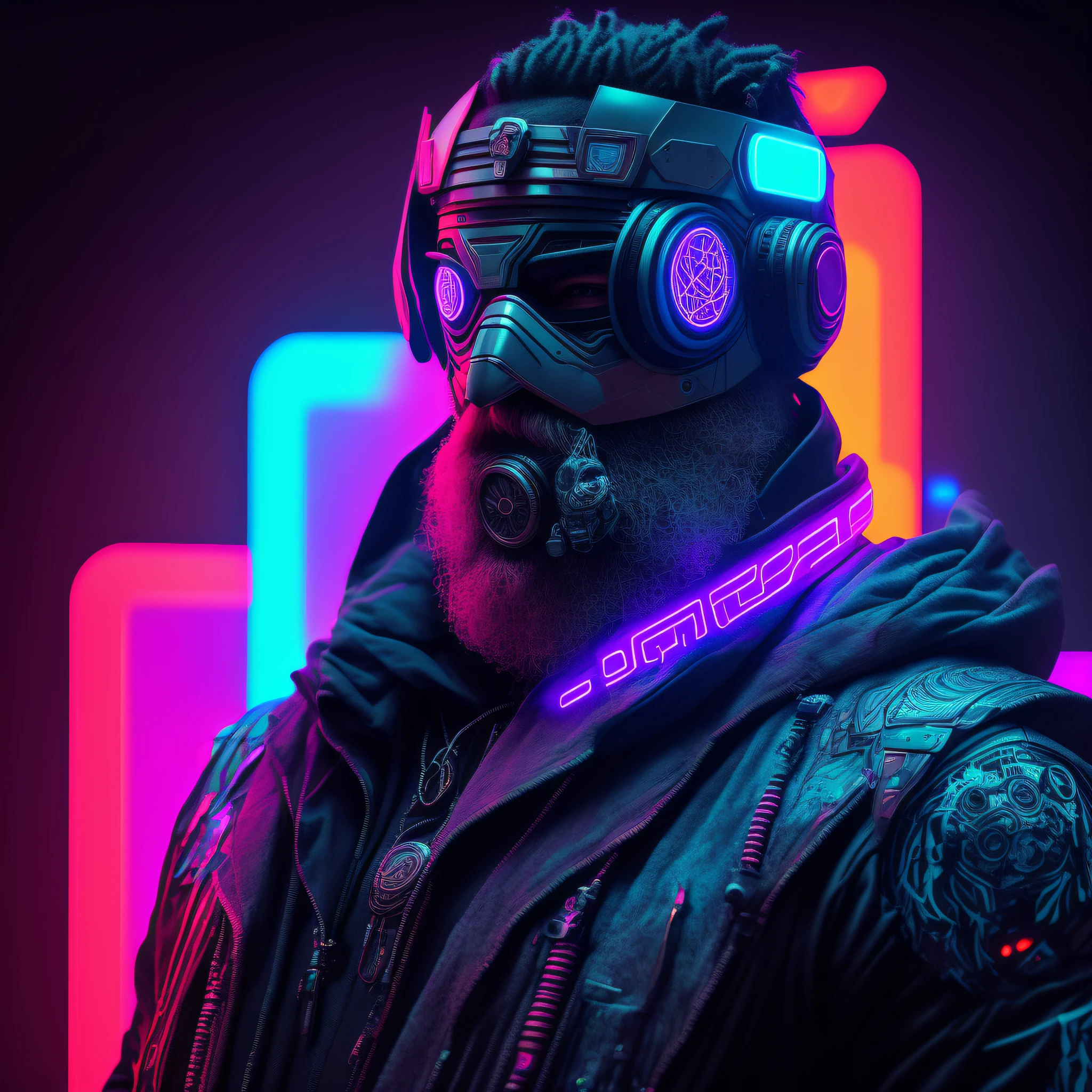 Character, man, neck tattoos, big beard, mask with TV screen on the front, futuristic, detailed cyberpunk style, futuristic (neon: 1.1) reflective wear, science fiction. artgern, art, illustration, ((dark environment)), ((vegnette)), ((HDR)) ((minimal palette colors)), soft tones, soft colors, faint colors, calm, highly detailed pastel colors, intricate details