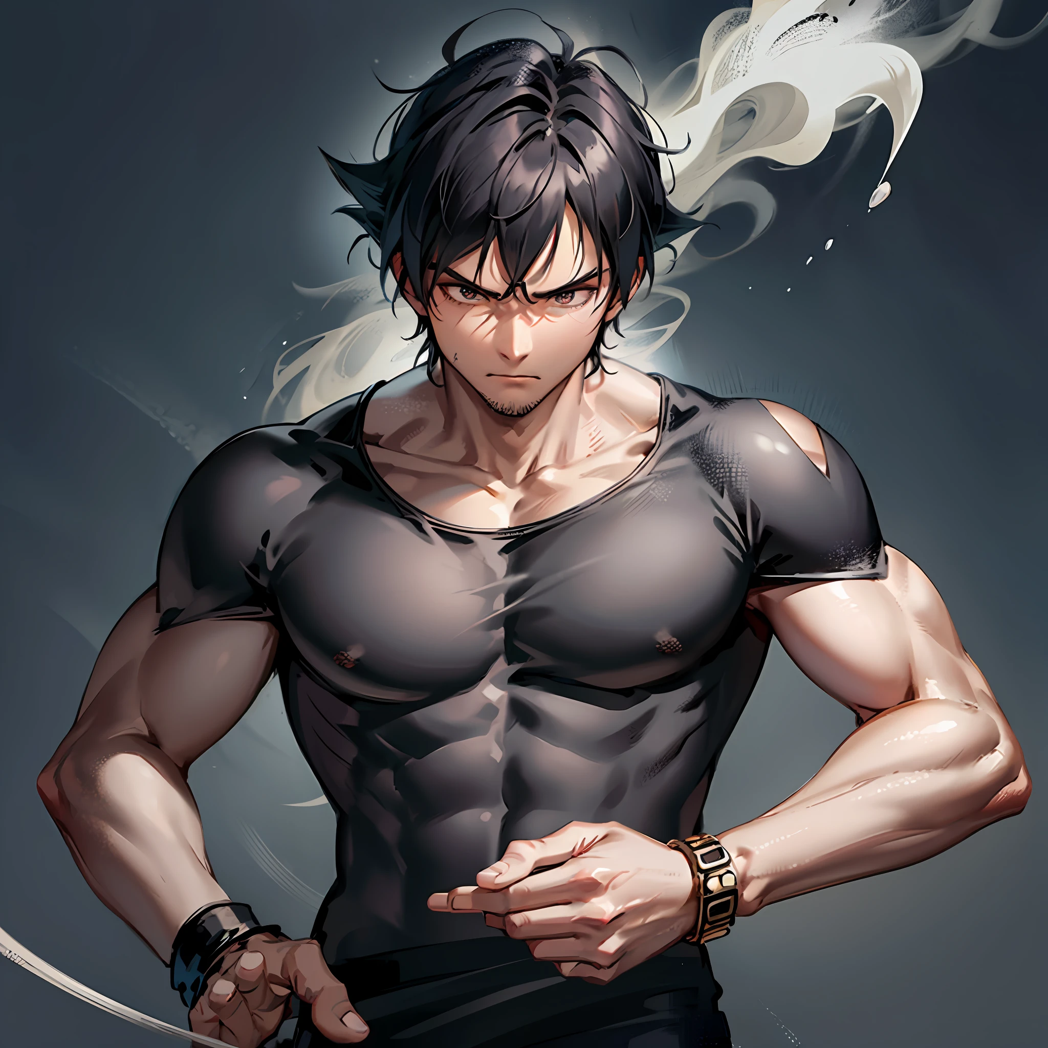 Son goku, 1boy, brave, hamburger, biceps, black hair, black shirt, blue bracelet, clenched hand, closed mouth, collarbone, energy, scowl, gray eyes, male focus, muscular, muscular man, outstretched arm, band, scene reference, scratches, black shirt, smoke, spiky hair, standing, ultra instinct, V-eyebrows, hamburger, walking, bracelet --auto --s2