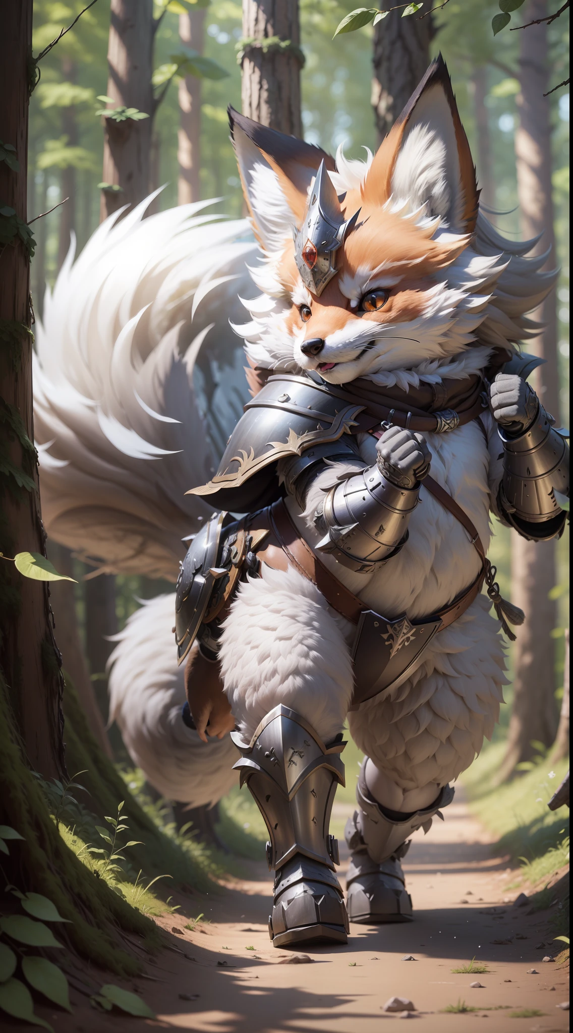 Super cute fluffy fox warrior in armor, realistic, 4K, super detailed, vray rendering, unreal engine, midjourneyart style, gray coat, chubby, dynamic pose, forest background, small, attack, long and fluffy tail, nine tails