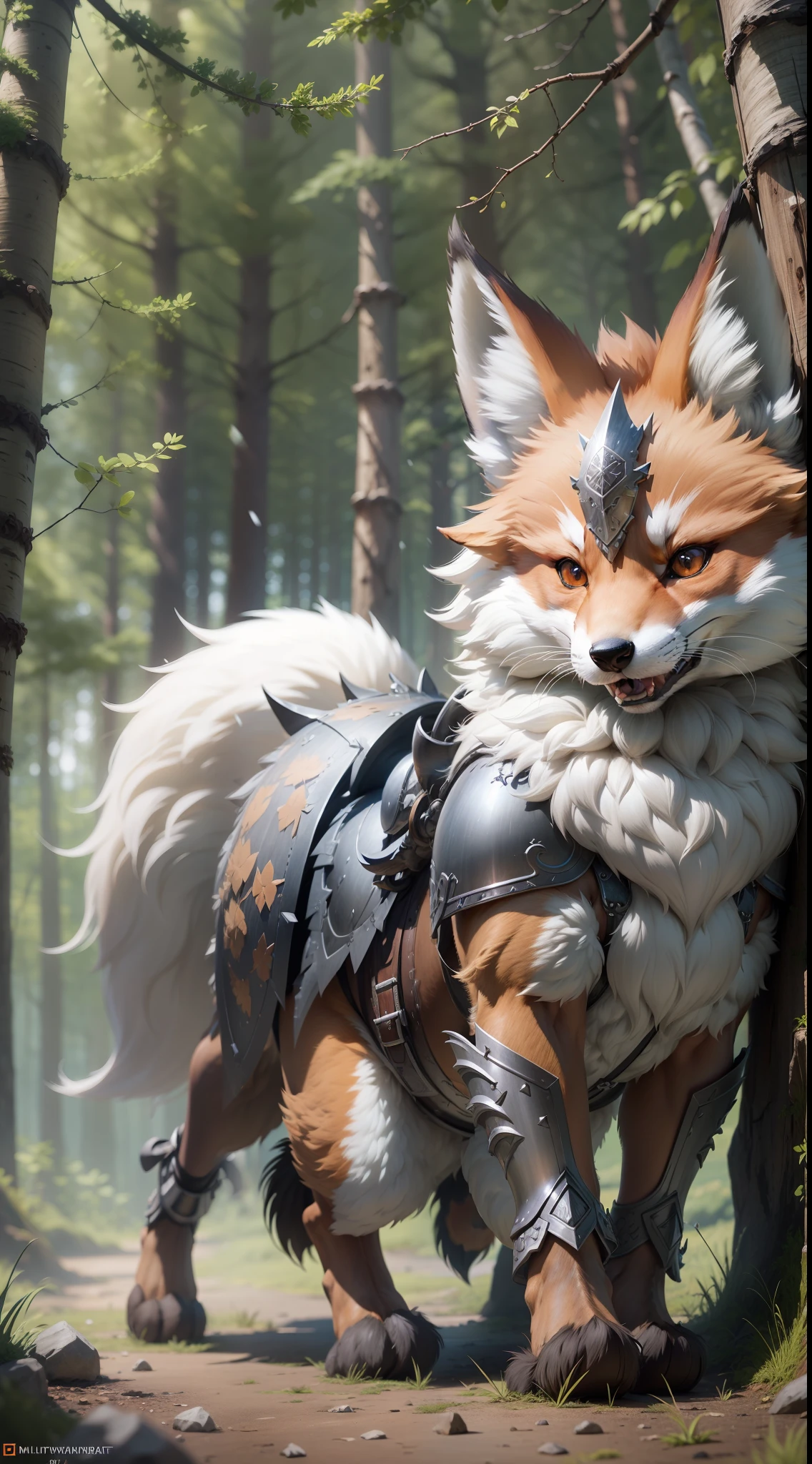 Super cute fluffy fox warrior in armor, realistic, 4K, super detailed, vray rendering, unreal engine, midjourneyart style, gray coat, chubby, dynamic pose, forest background, small, attack, long and fluffy tail, nine tails