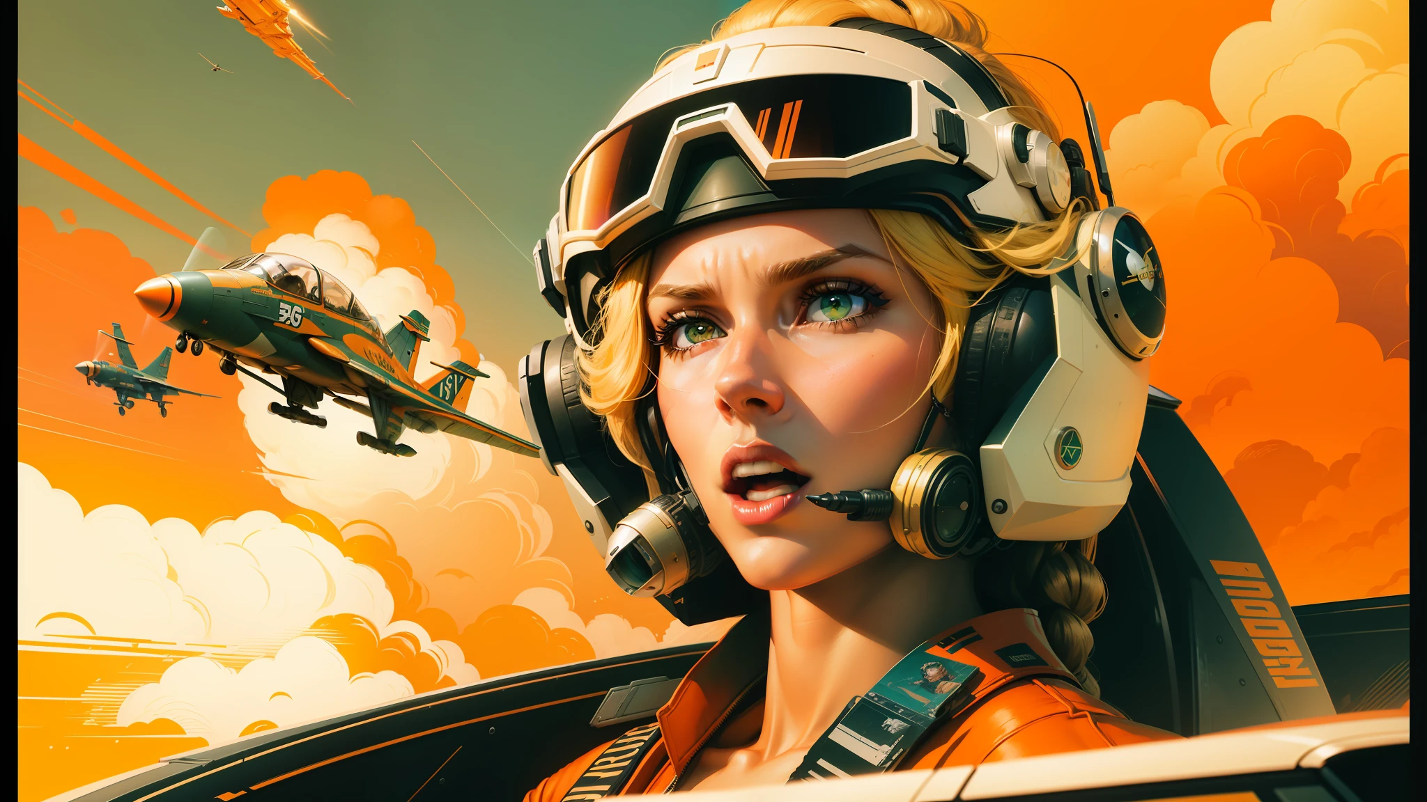 there is a woman in a helmet and goggles in a plane, synthwave art, top gun, pulp art, lynx, orange, high resolution print, furious gorgeous woman, octane redshift, 70s, by Samuel Colman, anamorphic illustration, a blonde emerald warrior, by William Hoare --ar 16:9 --auto --s2