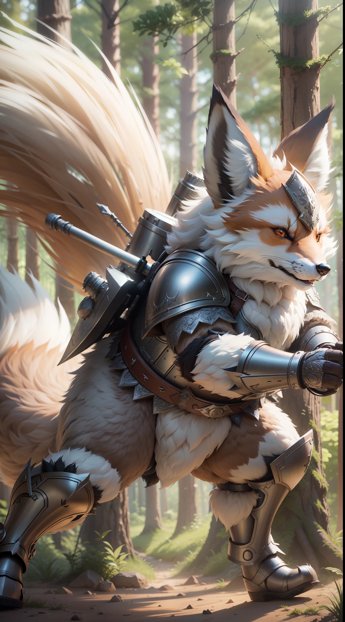 Super cute fluffy fox warrior in armor, realistic, 4K, super detailed, vray rendering, unreal engine, midjourneyart style, gray coat, chubby, dynamic pose, forest background, small, attack, long and fluffy tail, nine tails