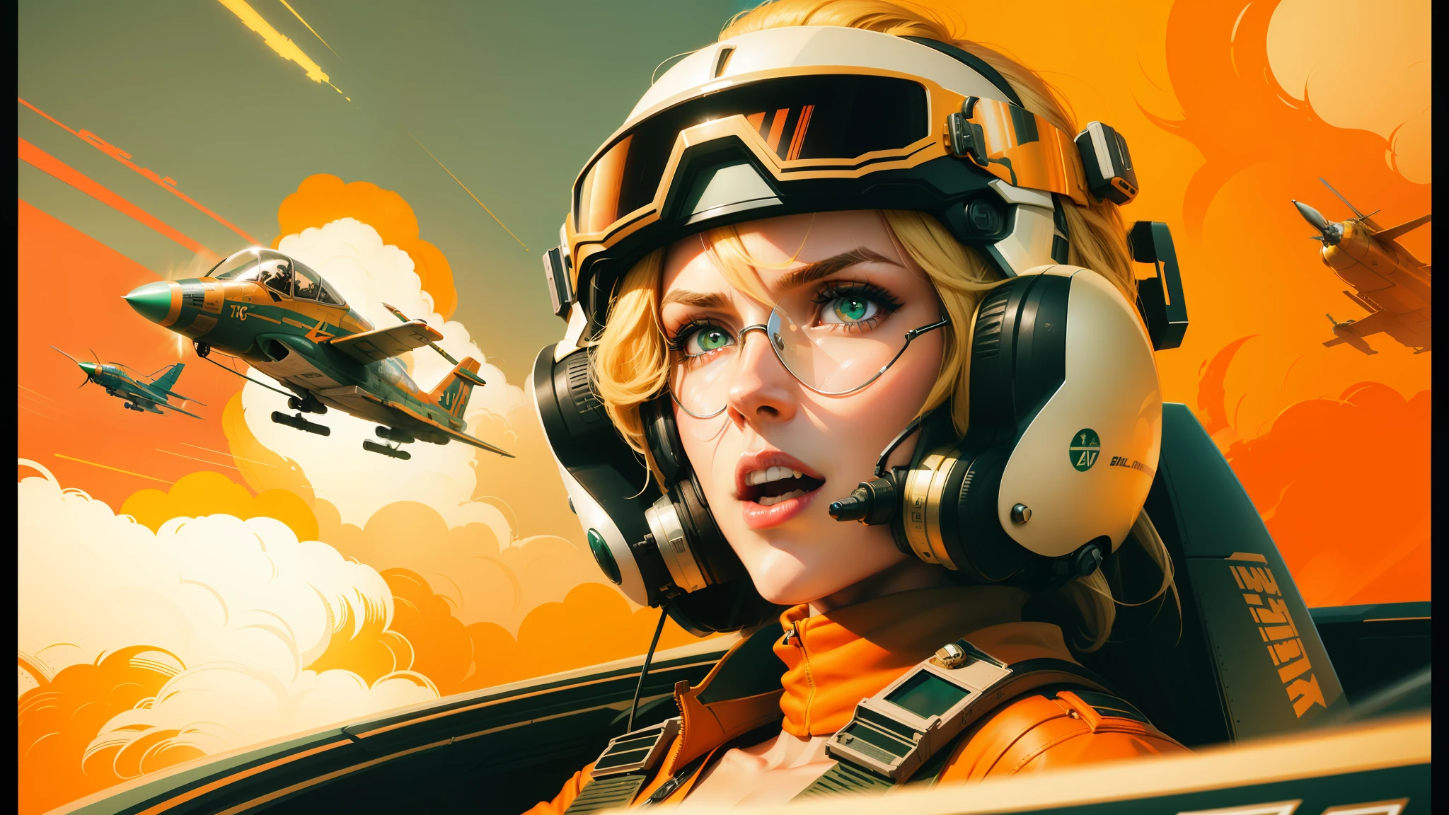 there is a woman in a helmet and goggles in a plane, synthwave art, top gun, pulp art, lynx, orange, high resolution print, furious gorgeous woman, octane redshift, 70s, by Samuel Colman, anamorphic illustration, a blonde emerald warrior, by William Hoare --ar 16:9 --auto --s2