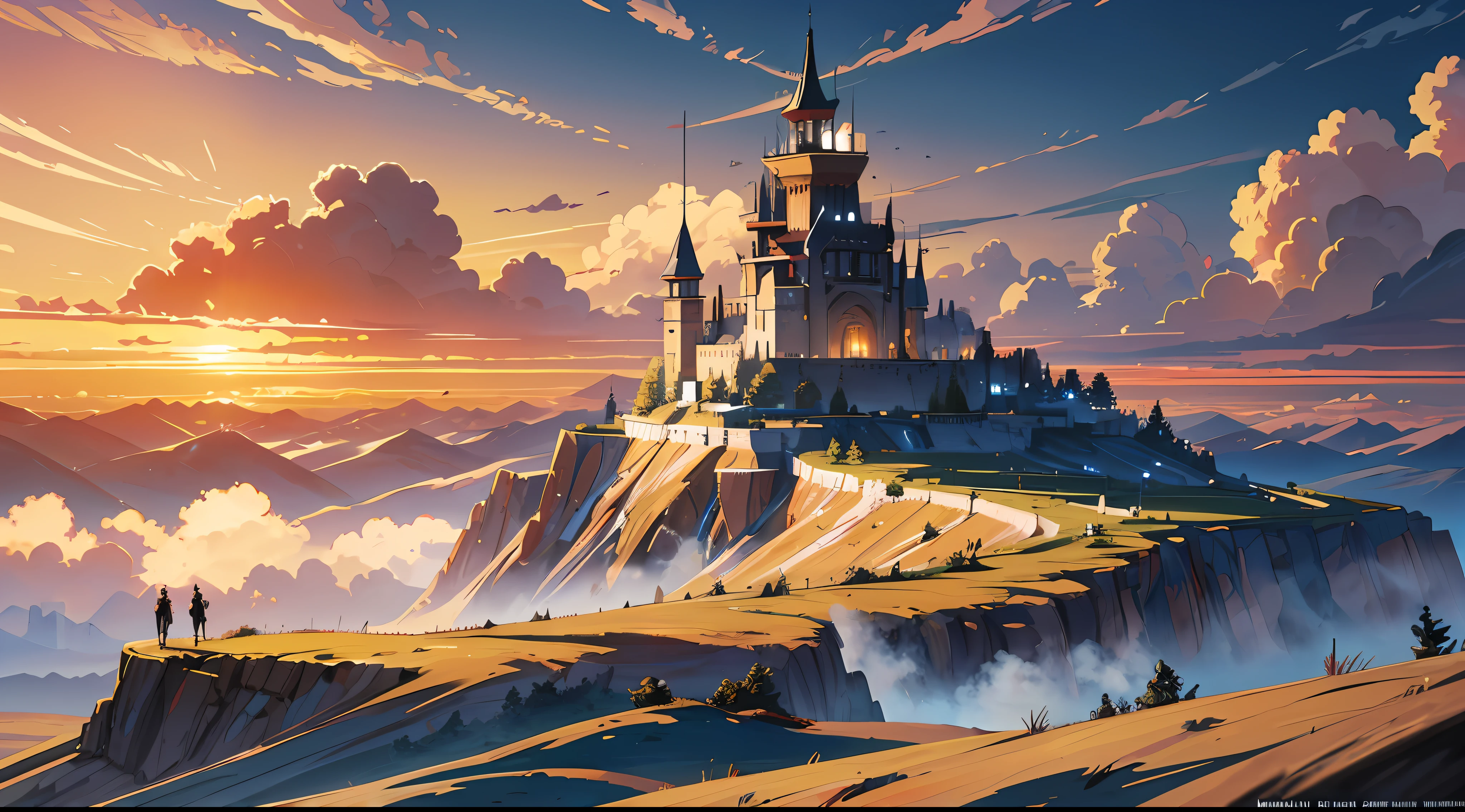 (Ultra detailed), (masterpiece), (best quality), (very detailed CG unit 8k wallpaper), A medieval warrior is standing on top of a hill, looking at the battlefield below him, dressed in full armor, with a sword in one hand and a shield in the other. The sun is setting on the horizon, creating a golden light that illuminates the battlefield below it, tense air of medieval battle, troops in battle, concept art, cinematic, warped clouds in the sky, highly detailed, stylized wallpaper