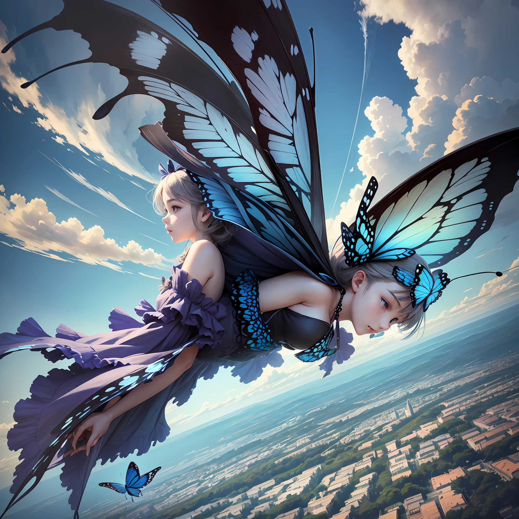 A butterfly with a butterfly's body and a girl's head, face in profile, is in the sky, full body, flying with difficulty before a strong wind, in the background beautiful sky with gray clouds and some shades of blue. --auto --s2