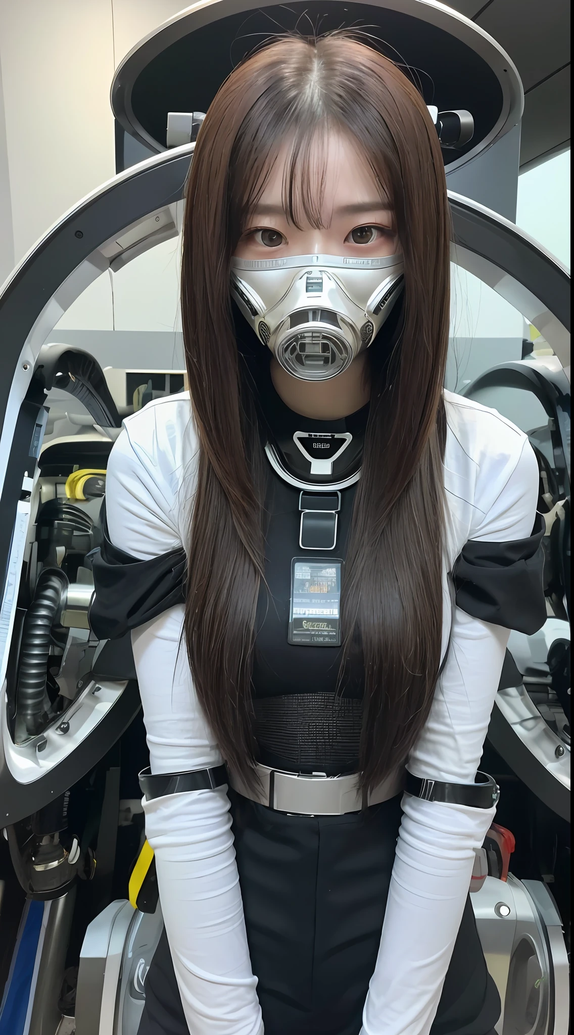 Top quality 8K ultra high definition work, masterpiece: 1.3, sharp focus: 1.2, one robot. The face is a human woman. The fuselage of the machine. Gas mask, metal tube, spine, heart (natural colors, photo, 8K)