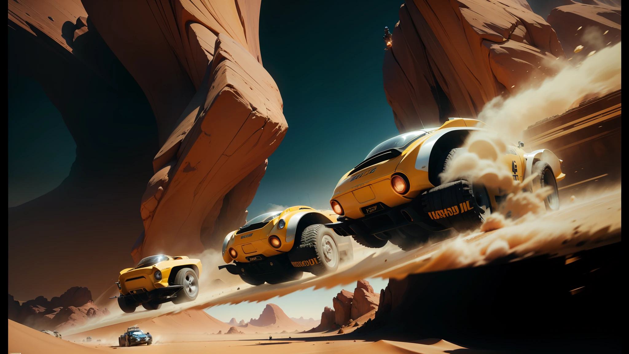 there are two vehicles that are driving through the desert, 2 0 2 1 cinematic 4 k framegrab, cedric peyranavernay, racers, by Ryan Yee, colourful movie art, beautiful 3 d rendering, floating vehicles, speed racer, 4k hdr hyper realistic high, by Frederik Vermehren, phobos --ar 16:9 --auto --s2