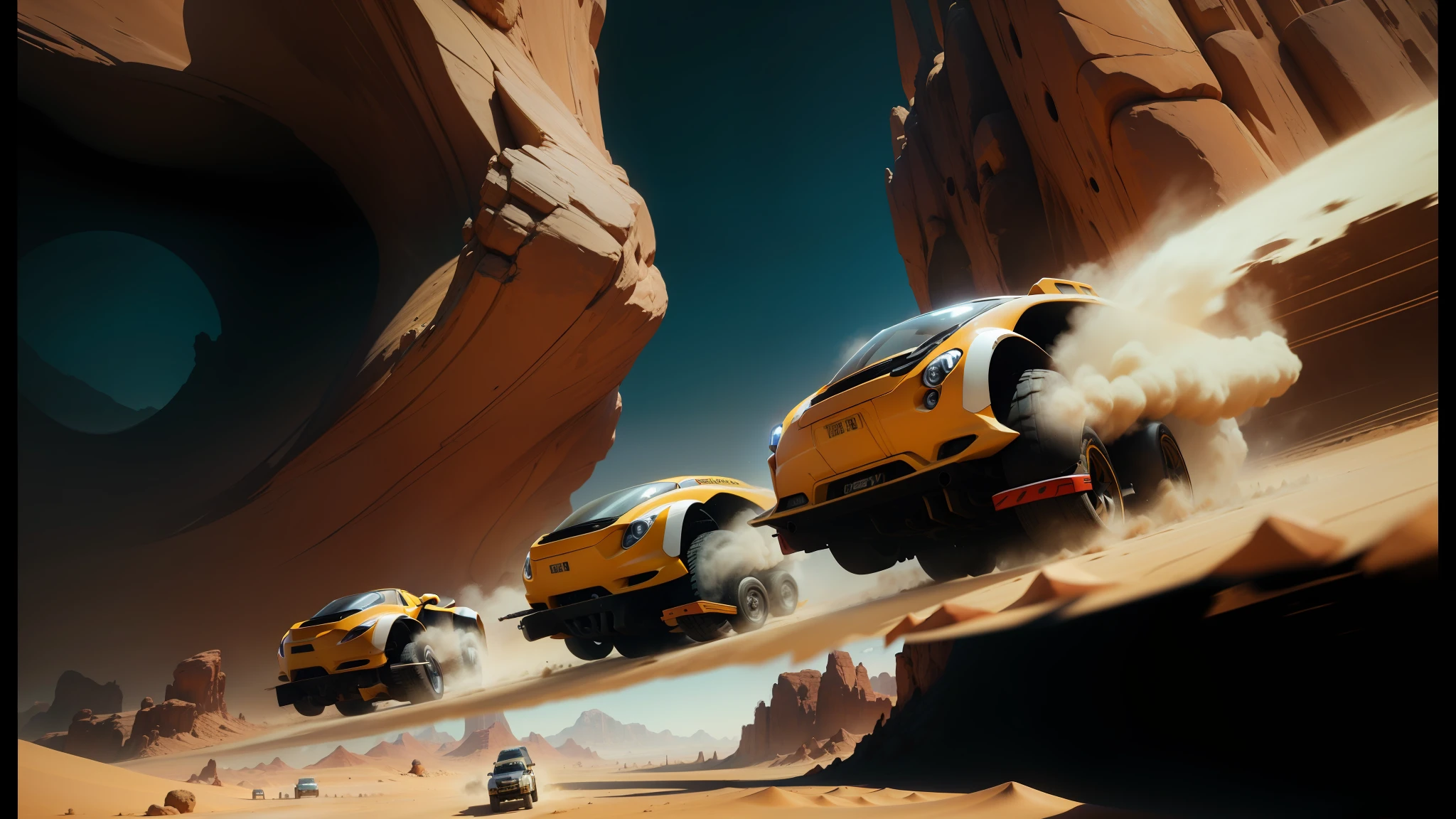 there are two vehicles that are driving through the desert, 2 0 2 1 cinematic 4 k framegrab, cedric peyranavernay, racers, by Ryan Yee, colourful movie art, beautiful 3 d rendering, floating vehicles, speed racer, 4k hdr hyper realistic high, by Frederik Vermehren, phobos --ar 16:9 --auto --s2