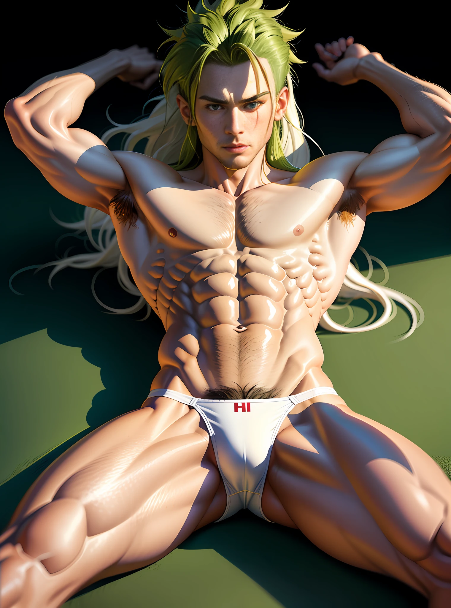 (hyper-realistic digital illustration), hires, best quality, boy wearing micro thong, see-through thong , front view, lying on his back, holding legs raised, athletic body, (white skin skin), bare chest, flat chest,(green  long hair styled in spikes, scruffy ), determined expression, small waist, muscular.