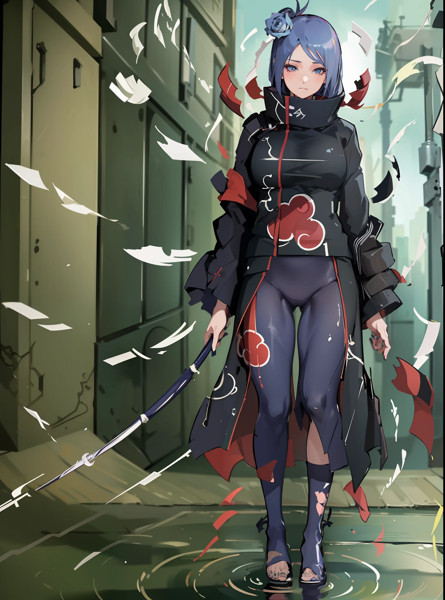 absurdres, (best quality), (masterpiece), (ultra-detailed: 1.2), (photorealistic: 1.1), (highres), 1girl, konan \(naruto\), (akatsuki outfit:1.1), piercing labret, (paper:1.2), ripples, twirling,