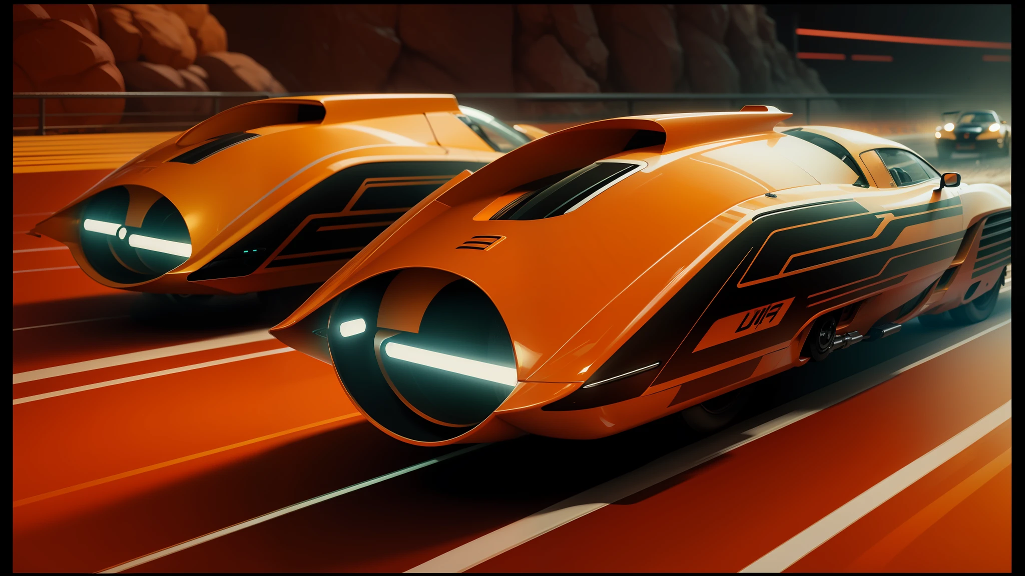 there are two orange cars that are going down the track, syd mead and raphael lacoste, 8 k uhd cinema 4 d, speed racer, 2 0 2 1 cinematic 4 k framegrab, computer cgi, orange neon stripes, ross tran 8 k, caravagio, orange yellow, renault, anamorphic flares --ar 16:9 --auto --s2