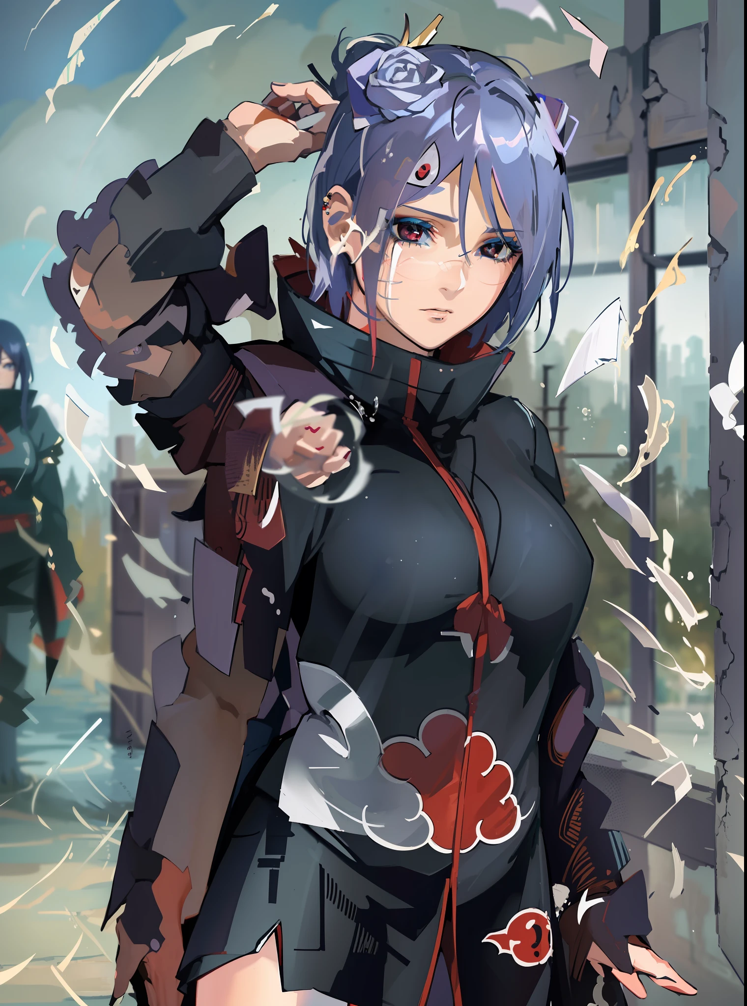 absurdres, (best quality), (masterpiece), (ultra-detailed: 1.2), (photorealistic: 1.1), (highres), 1girl, konan \(naruto\), (akatsuki outfit:1.1), piercing labret, (paper:1.2), ripples, twirling,