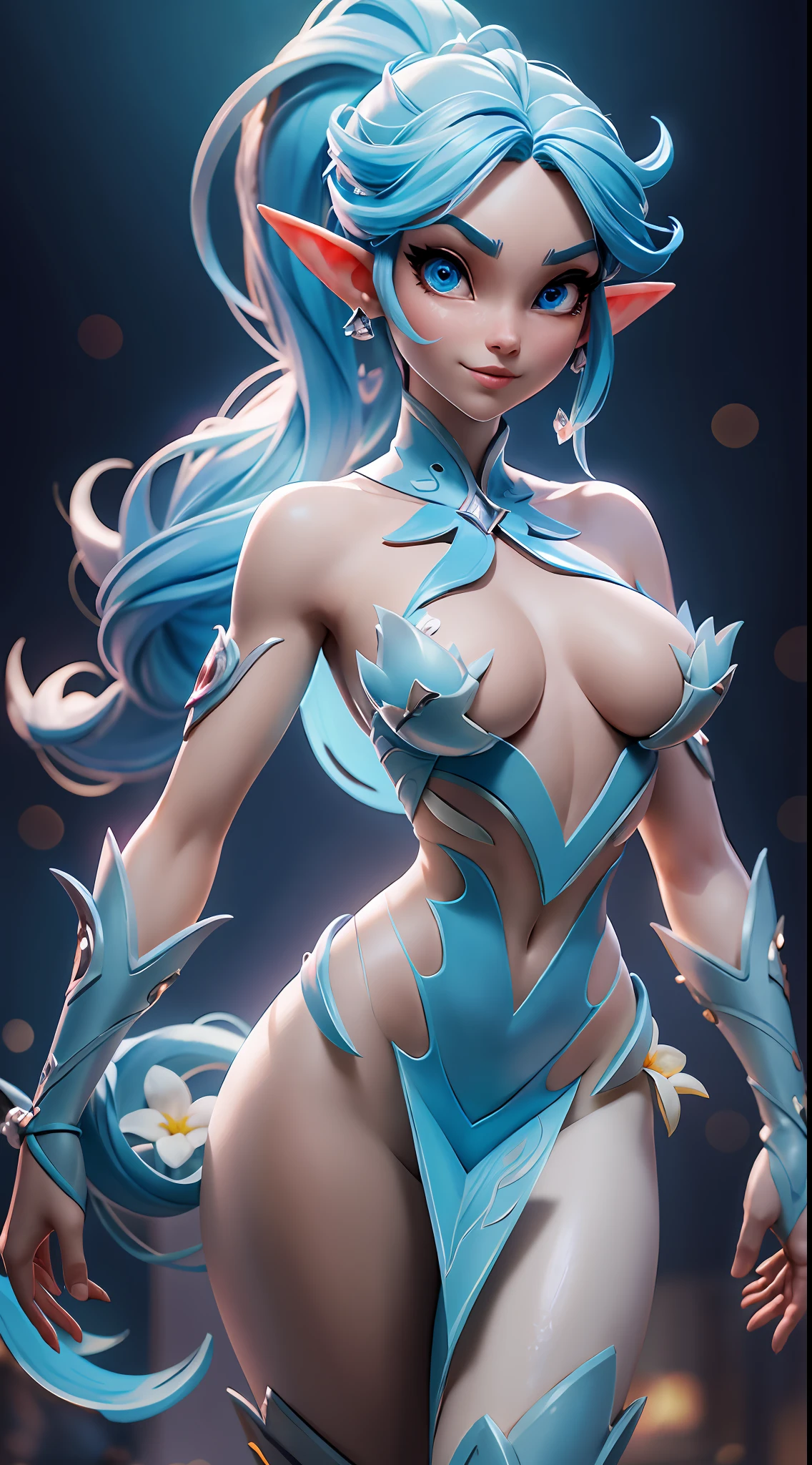 Sexy female elf, full body, muscle body, sky blue hair, split ponytail, halo, flower on head, aqua eyes, heart-shaped eyes, pointy ears, Pixar, high detail, backlighting, ray tracing, depth of field, close-up, bokeh, Canon, UHD, high details, anatomically correct, super detail, 8k, best quality