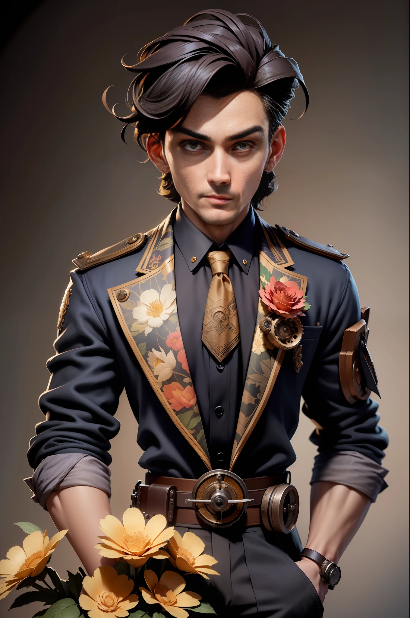3dmm style, (masterpiece, best quality), intricate details, modelshoot style Charlie Bowater realistic Lithography sketch portrait of a man, flowers, [gears], pipes, dieselpunk, multi-colored ribbons, old paper texture, highly detailed