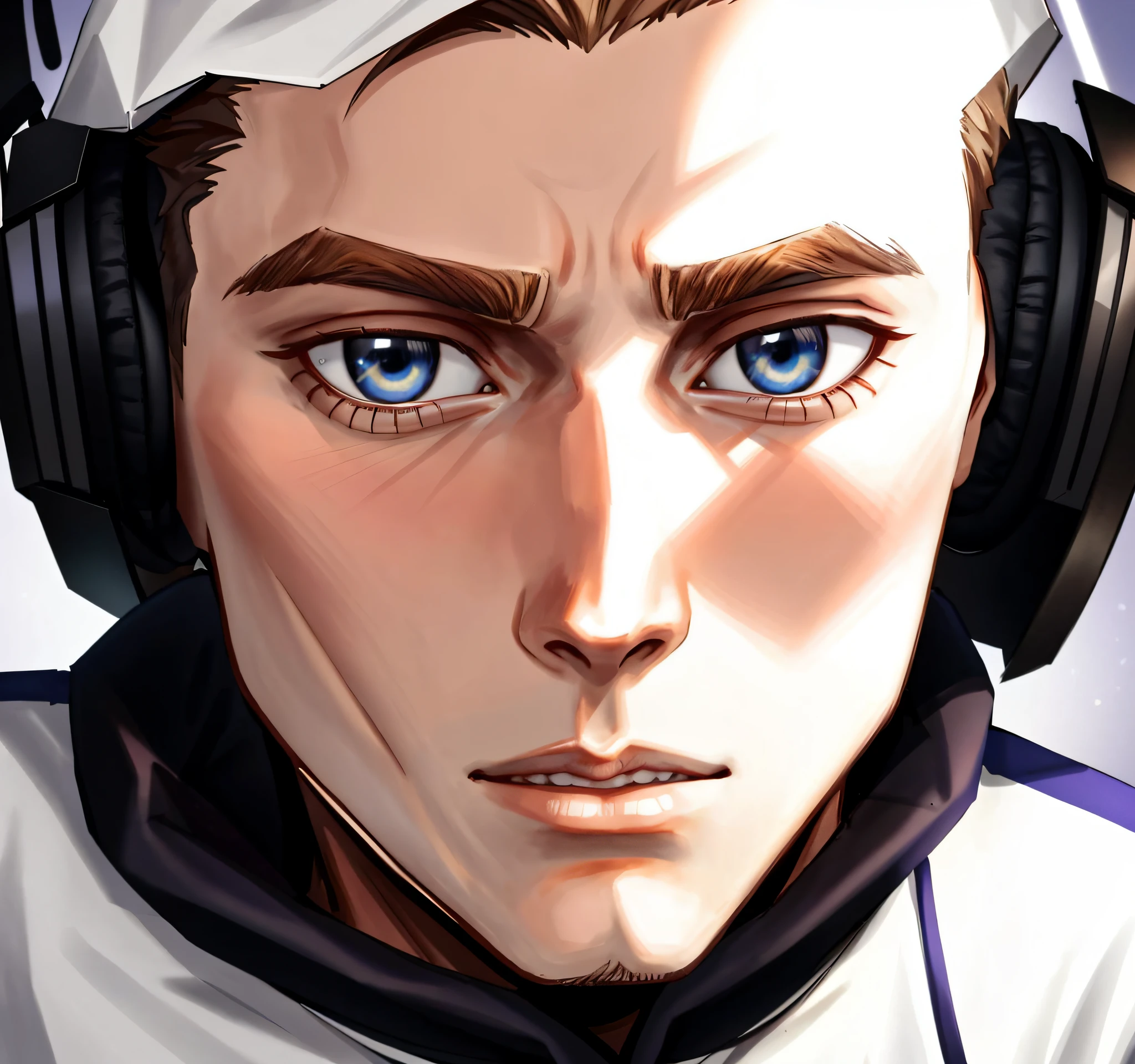 there is a man wearing headphones and a white shirt, twitch streamer / gamer ludwig, jerma 9 8 5, jerma985, looks like jerma985, portrait of jerma985, with head phones, profile picture 1024px, with headphones, very high quality face, frontal picture, he has headphones